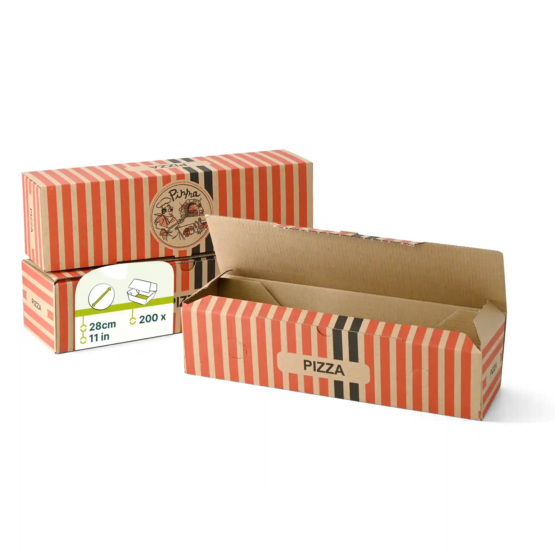 Scatola per pizza in cartone con strisce rosse e bianche, con design di un pizzaiolo e parte superiore aperta.