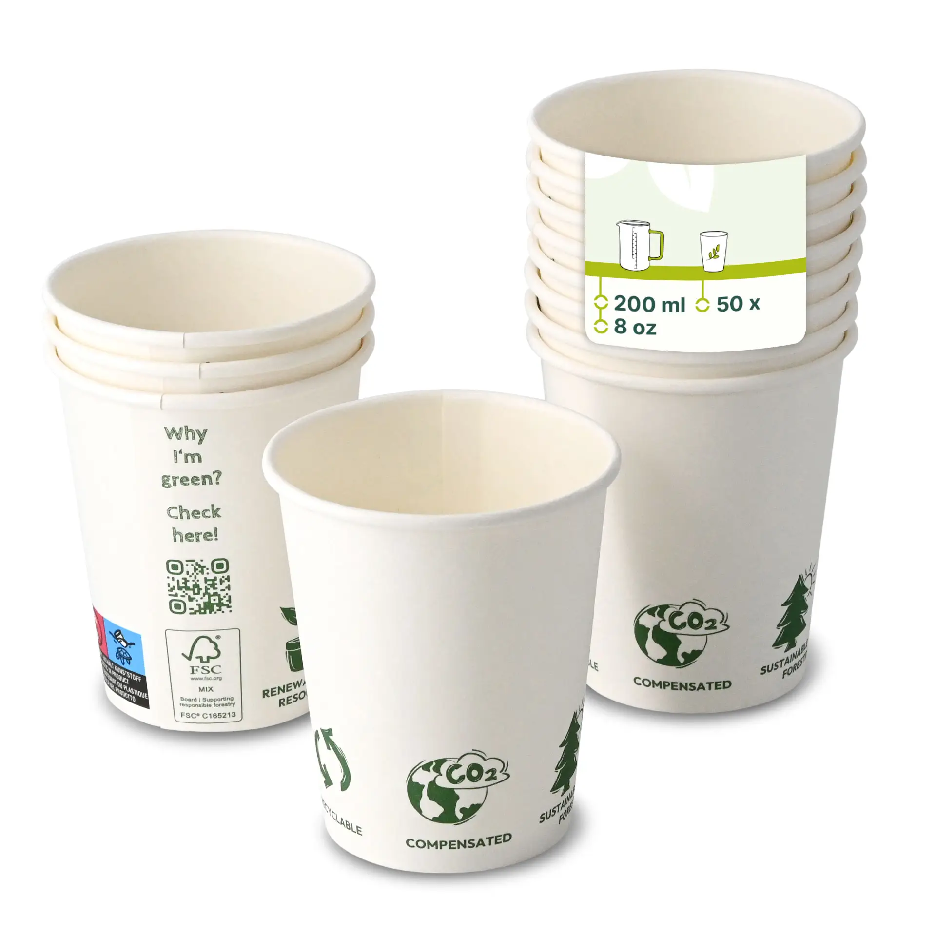 Bicchiere di carta 200 ml / 8 oz, Ø 80 mm, con icone "EcoUp©", monostrato, bianco, con rivestimento in PLA