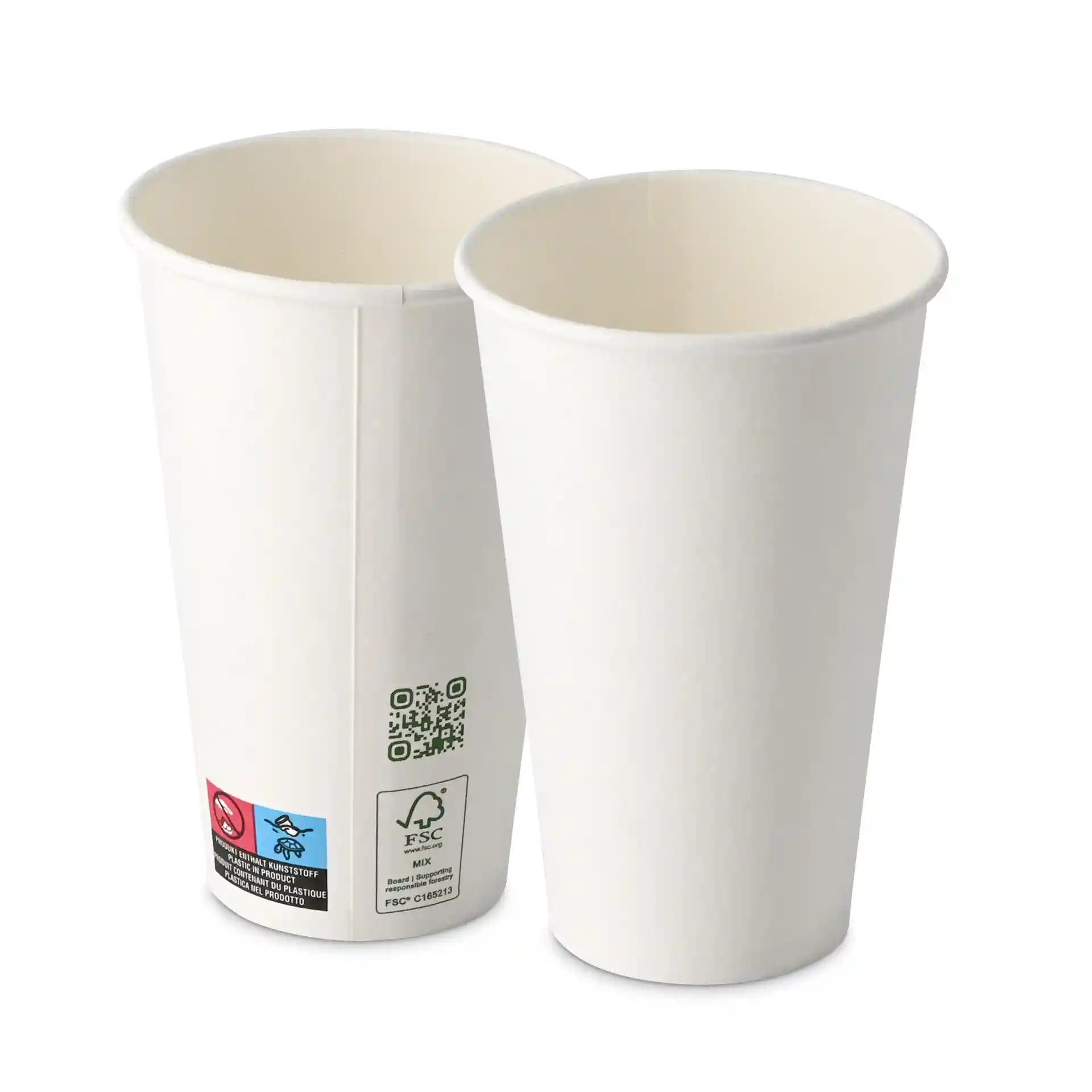 Due bicchieri di carta bianchi, capacità di 400 ml, parete singola, con un diametro di 90 mm, mostrati di lato.