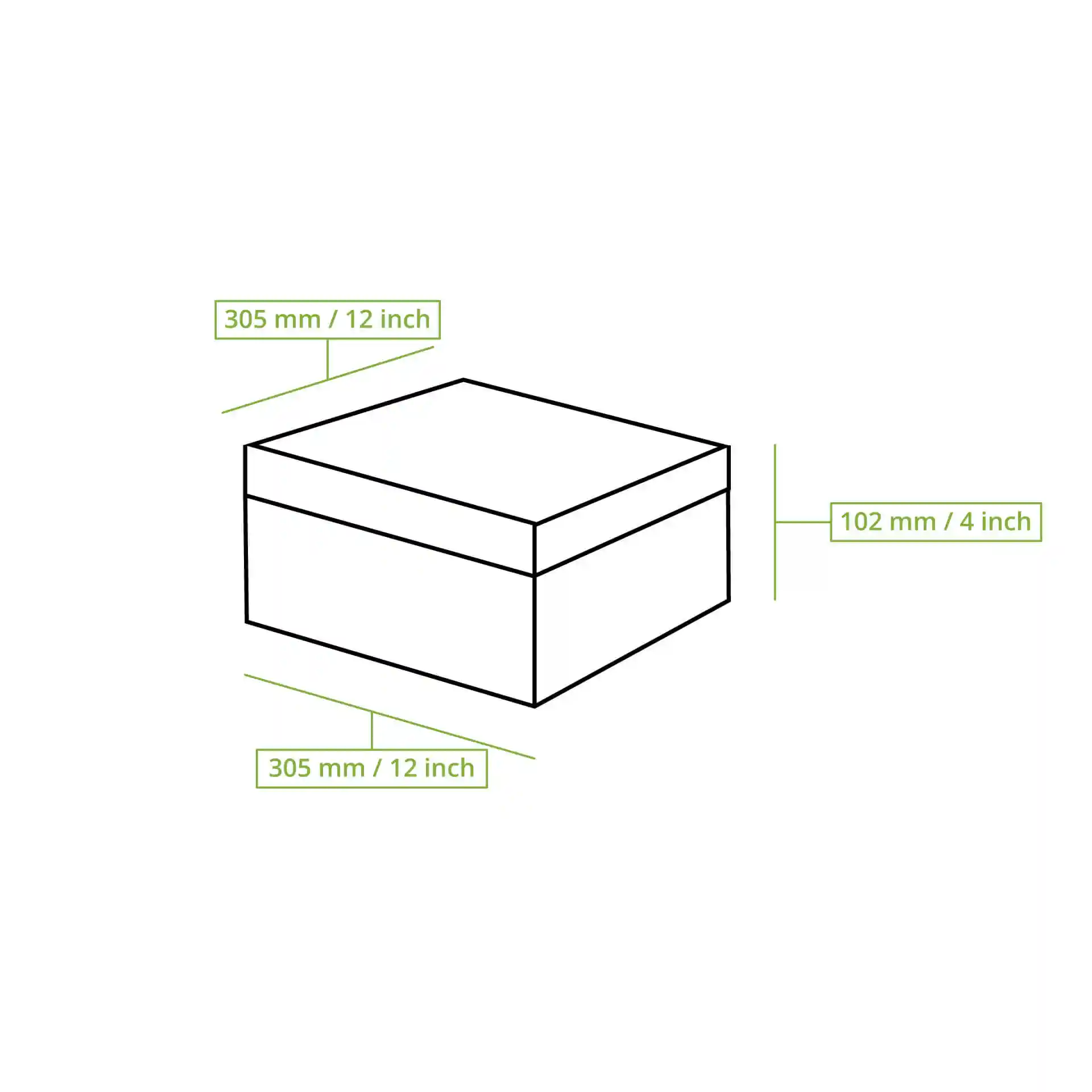 Disegno schematico di una scatola per torta quadrata con dimensioni di 305 mm per 305 mm per 102 mm.