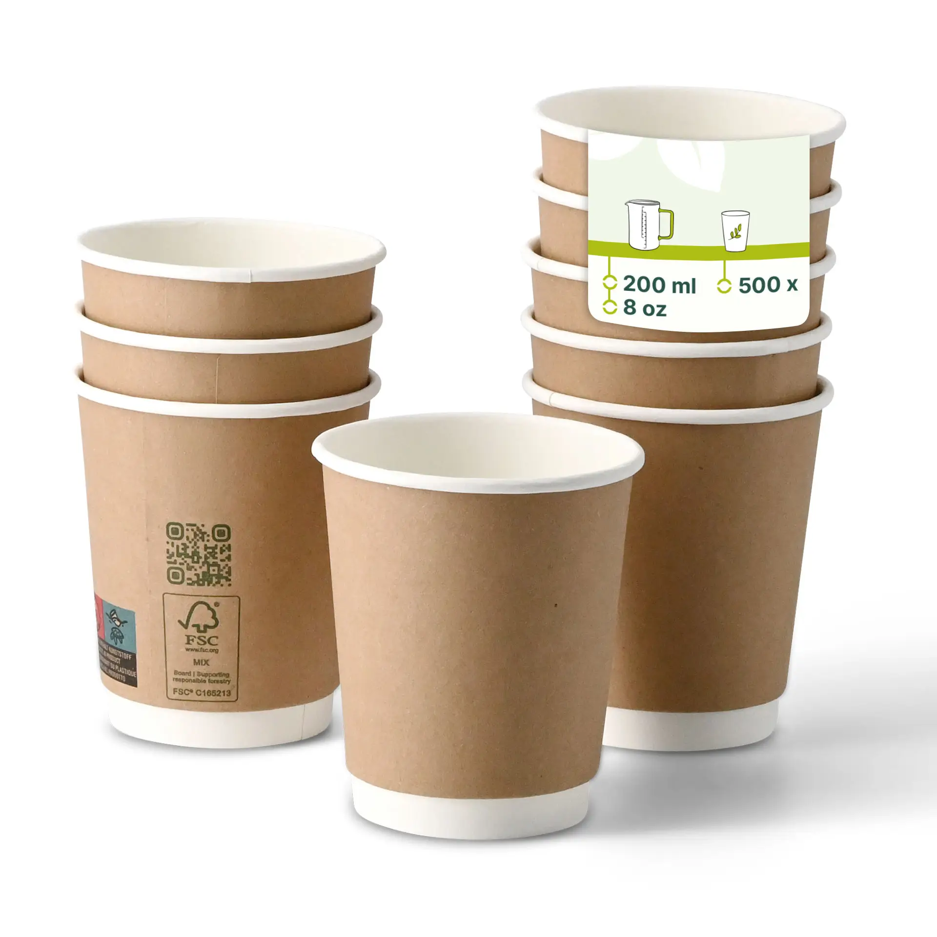 Tazza da caffè marrone a doppia parete con interno bianco, capacità di 200 ml, mostrata con diverse tazze impilate.