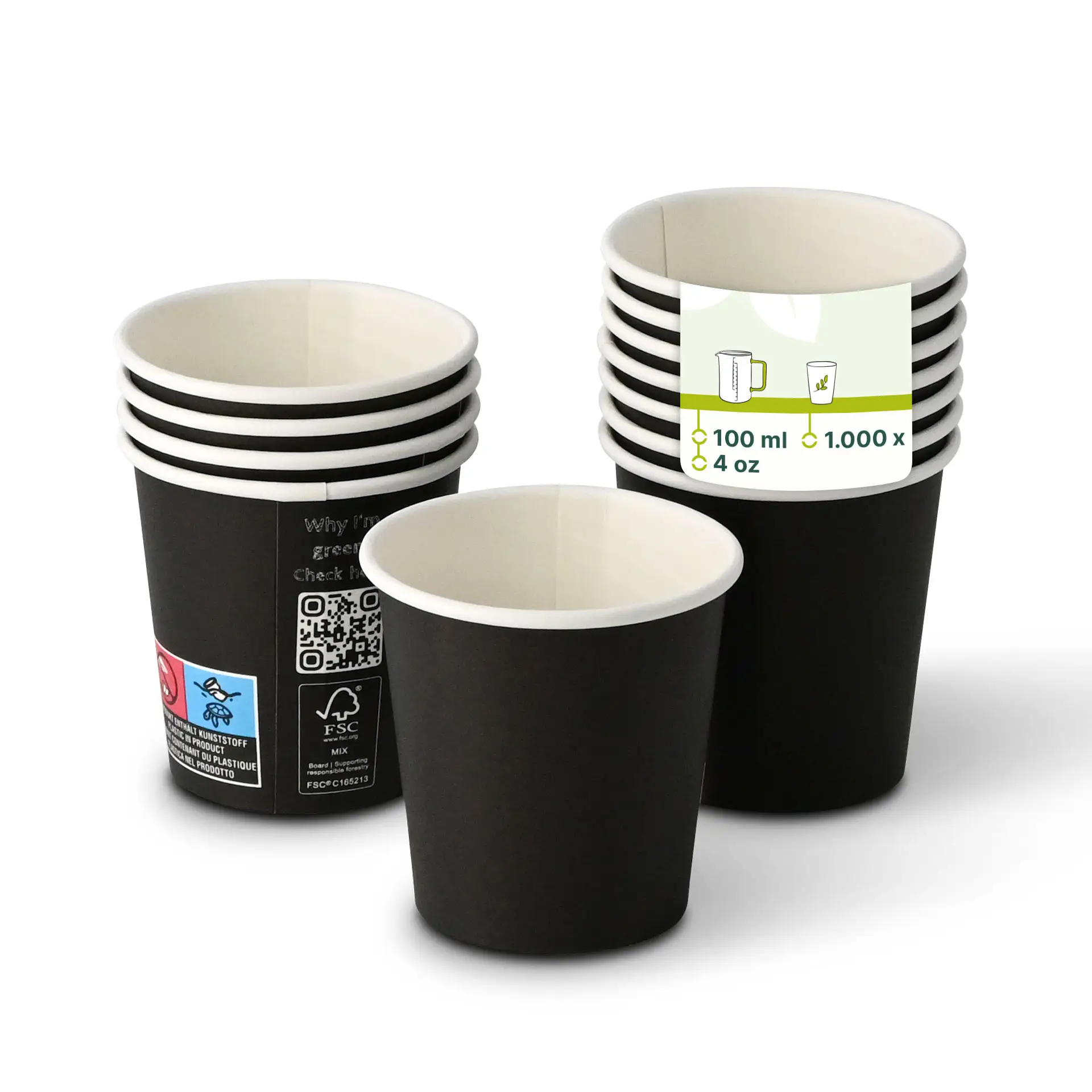 Bicchiere di carta nero a parete singola, 100 ml, con rivestimento in PLA, interno bianco, progettato per bevande calde e fredde.