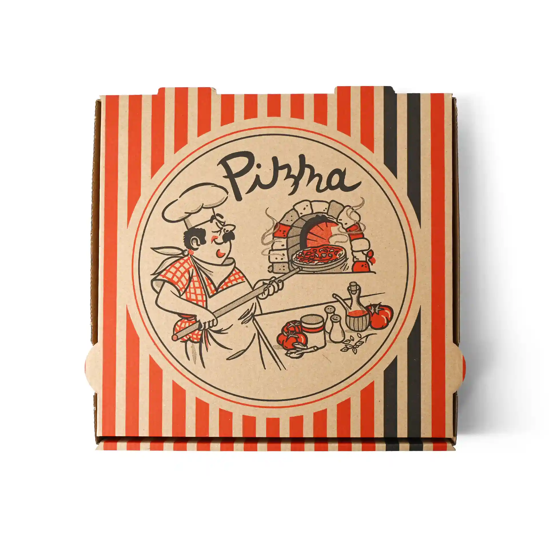 Scatola per pizza con design di chef pizzaiolo, colore marrone, dimensioni 28 x 28 x 4 cm.