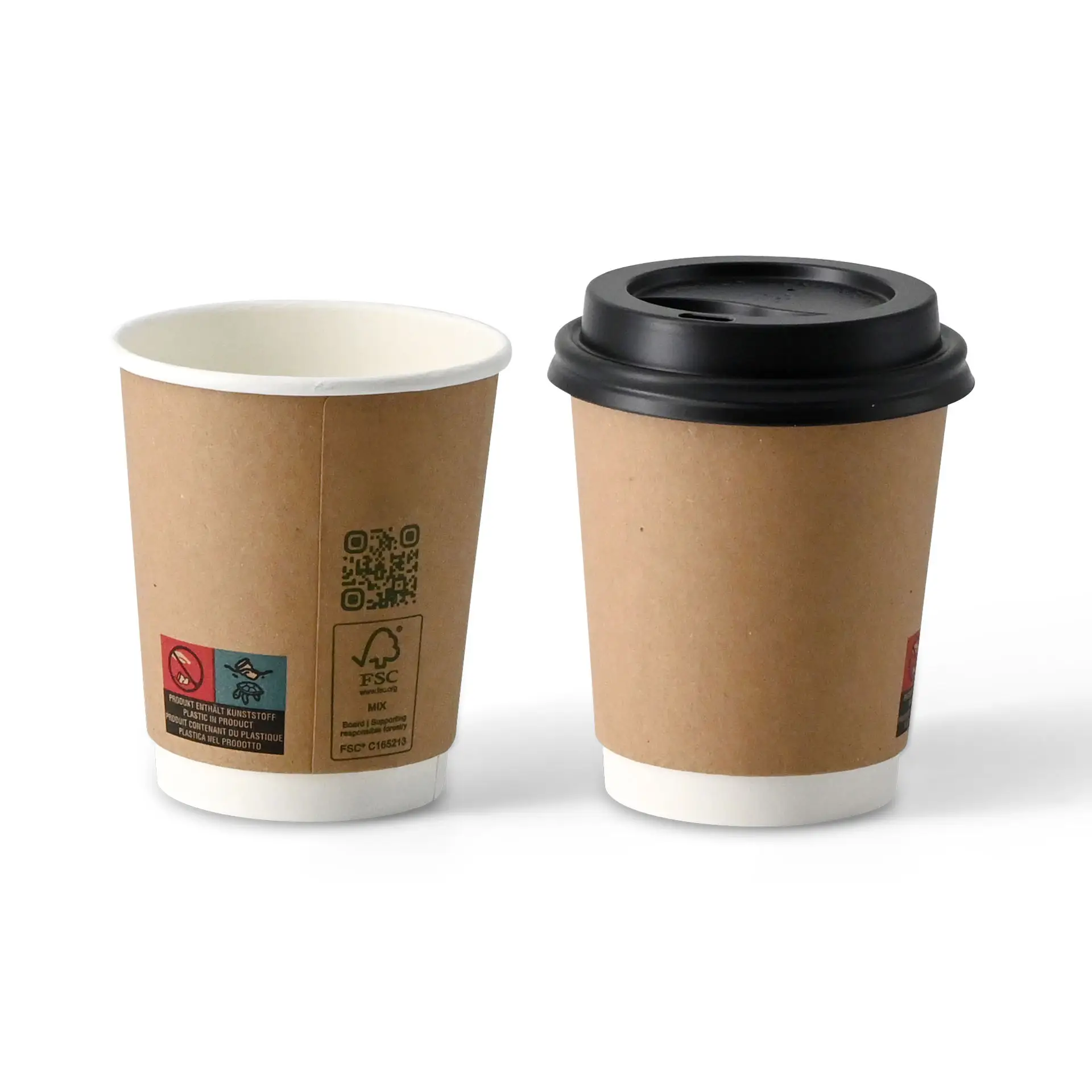 Tazza da caffè marrone a doppia parete con interno bianco, una con coperchio nero, entrambe da 200 ml.