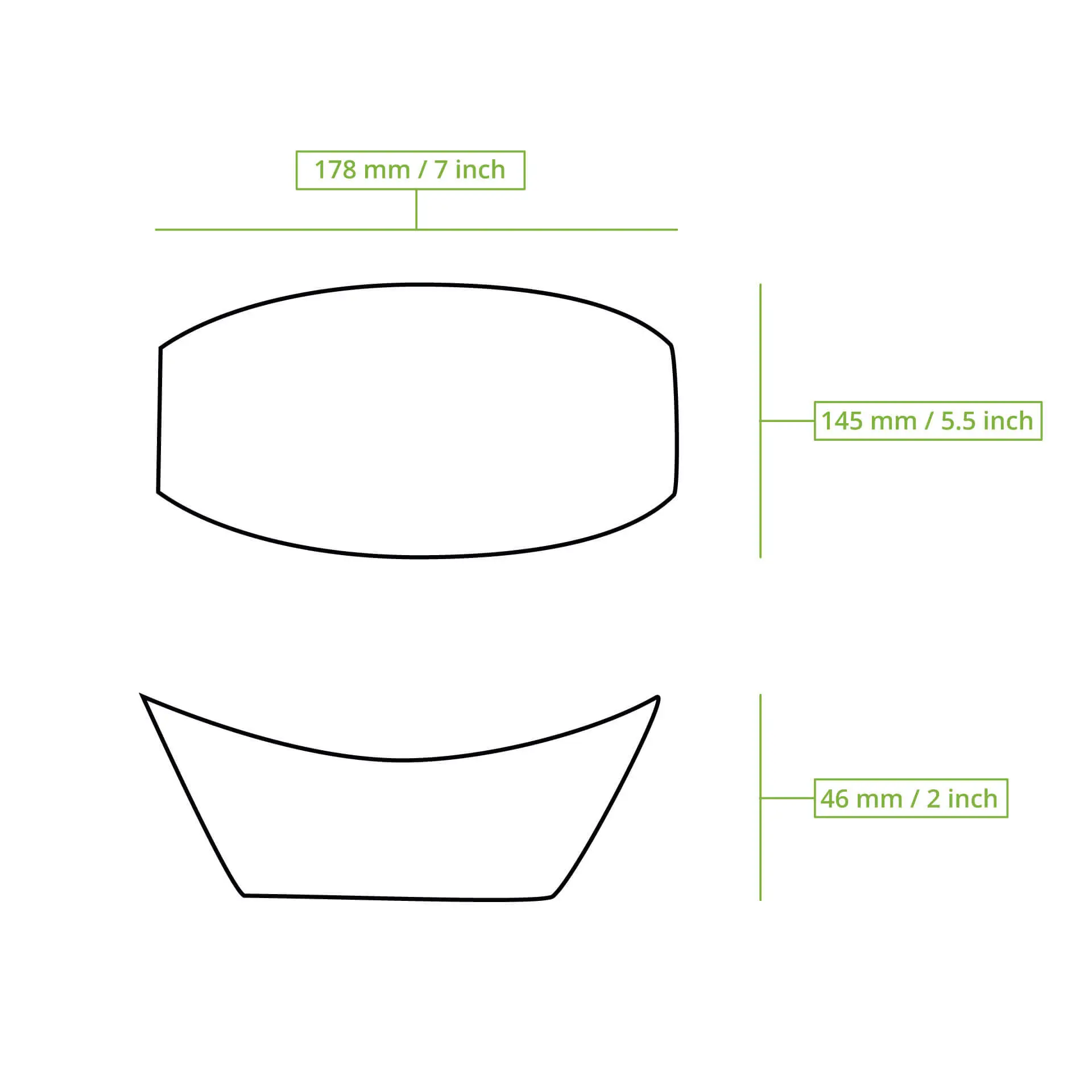 Contorno della ciotola per snack biodegradabile premium; dimensioni 178 mm x 145 mm x 46 mm; adatta per cibi caldi e freddi.