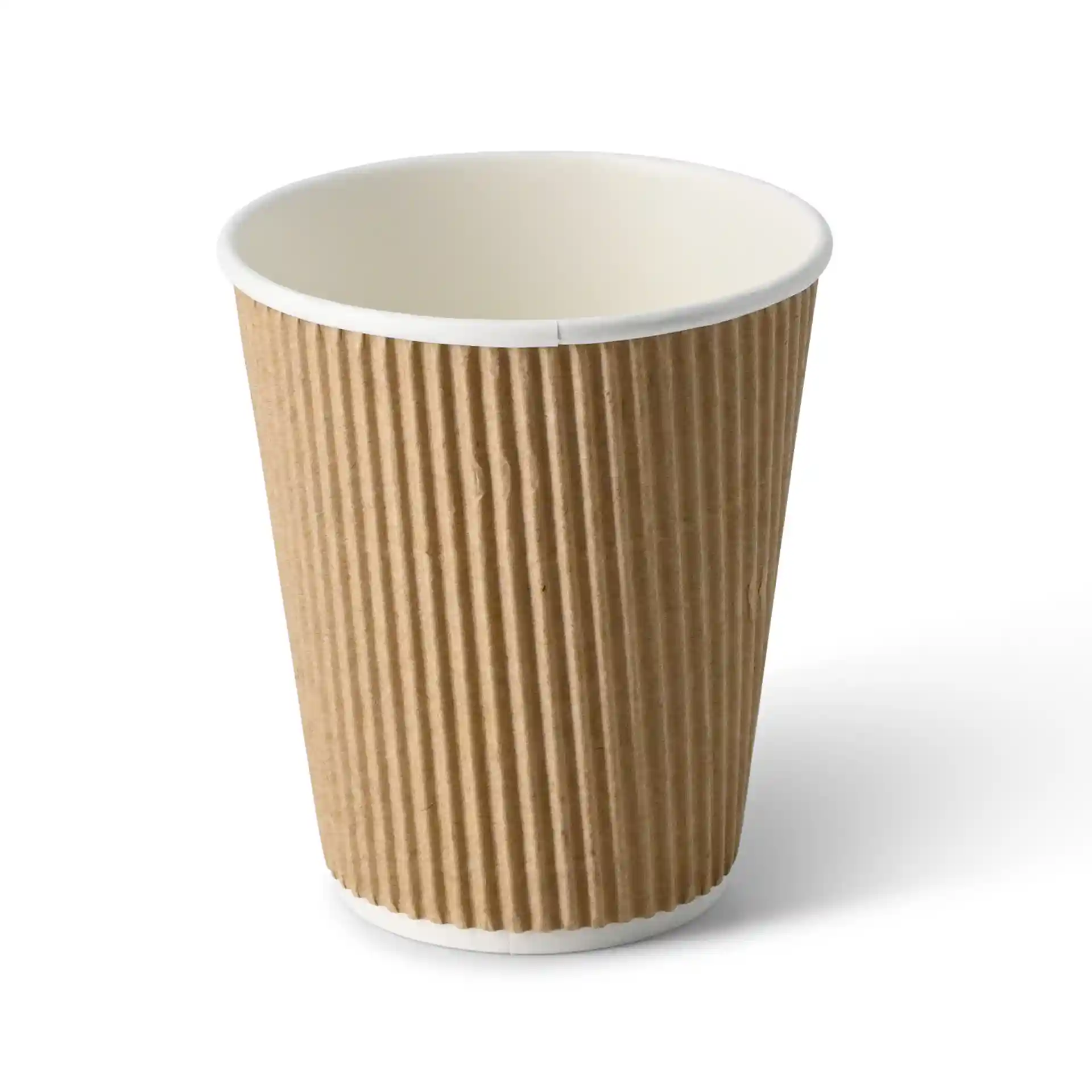 Tazza da caffè marrone ondulata con rivestimento interno bianco, capacità di 10 oz, forma rotonda e materiale in cartone.