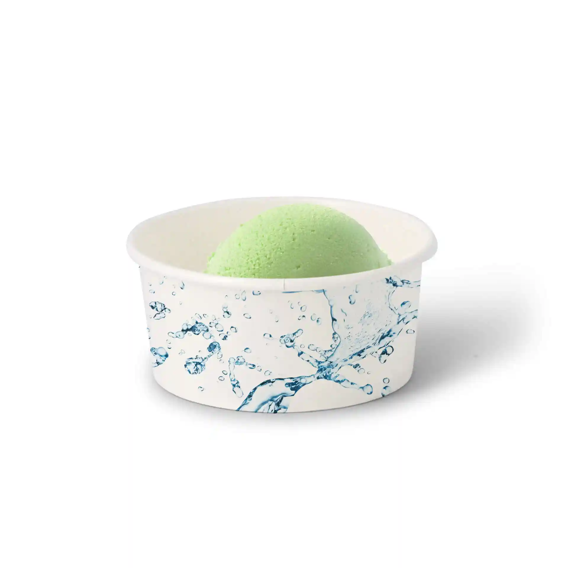 Bicchiere rotondo bianco con una pallina di gelato verde e un design di spruzzi d'acqua all'esterno.