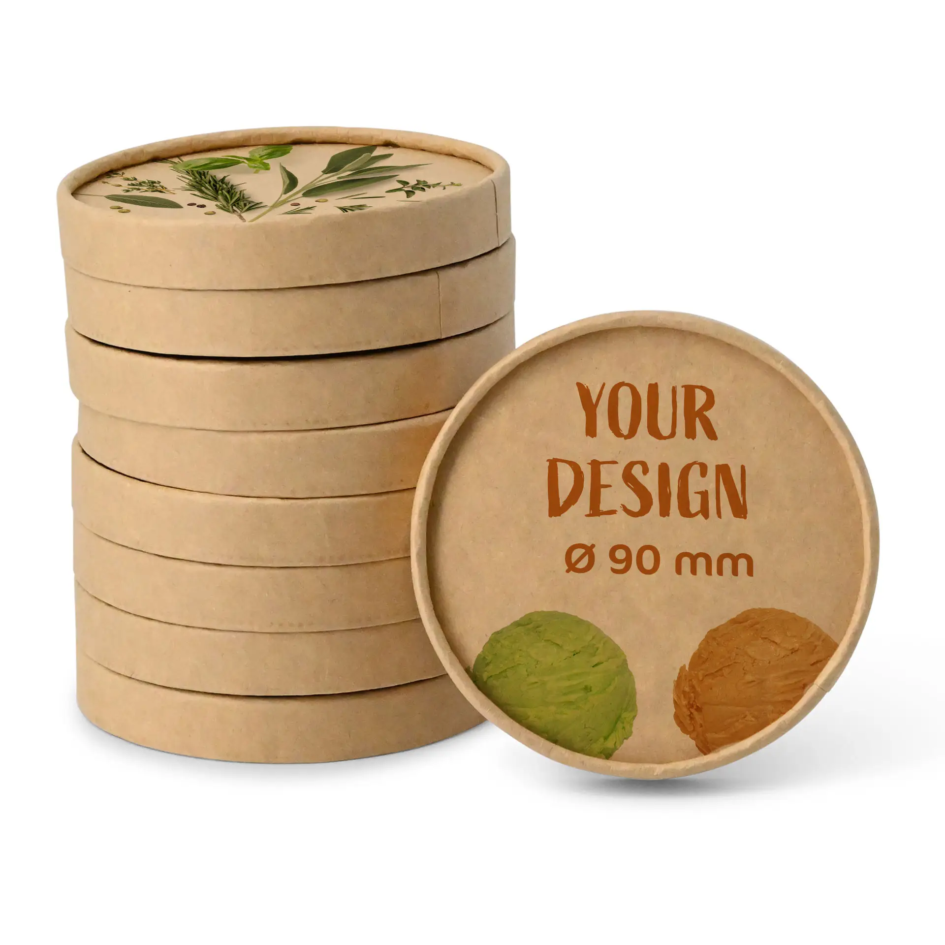 Coperchi di cartone per coppette gelato, Ø 90 mm, marroni con design stampato, impilati con coperchi simili sullo sfondo.