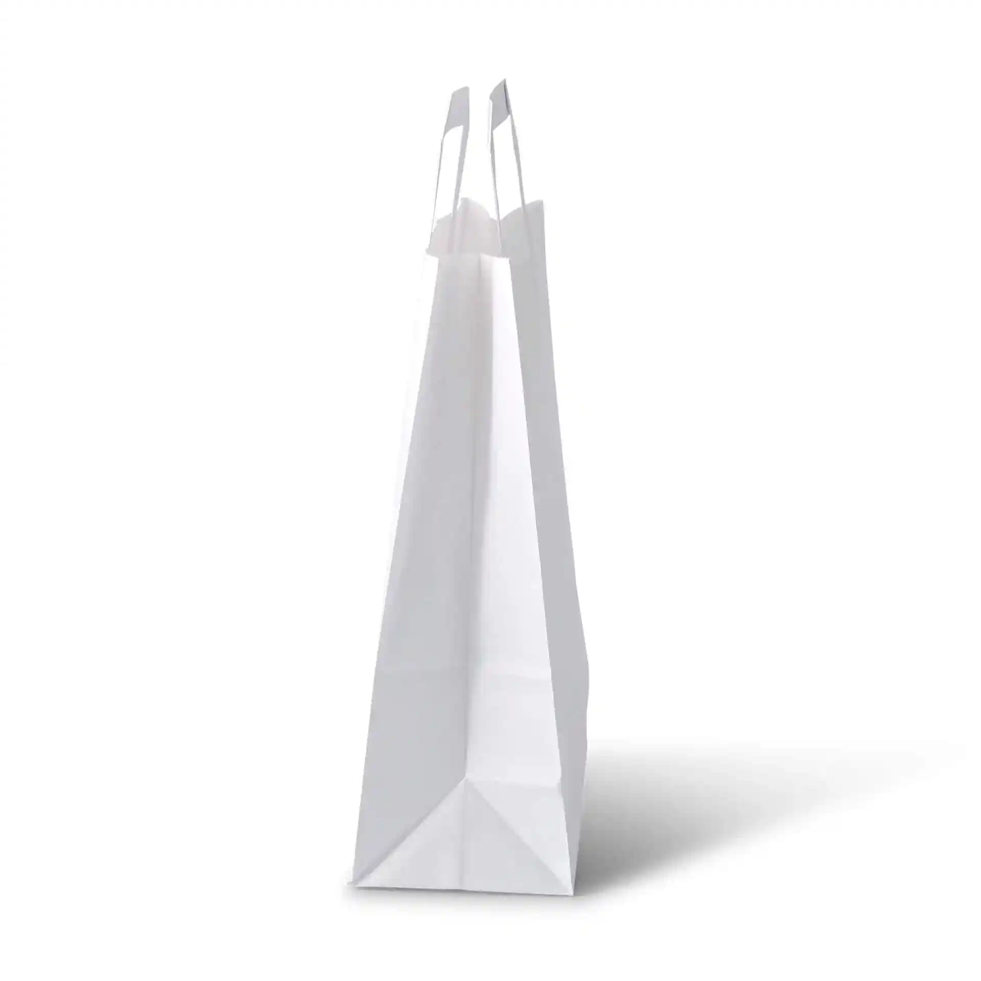 Borsa in carta kraft bianca con due manici, misura 22 x 10 x 28 cm.