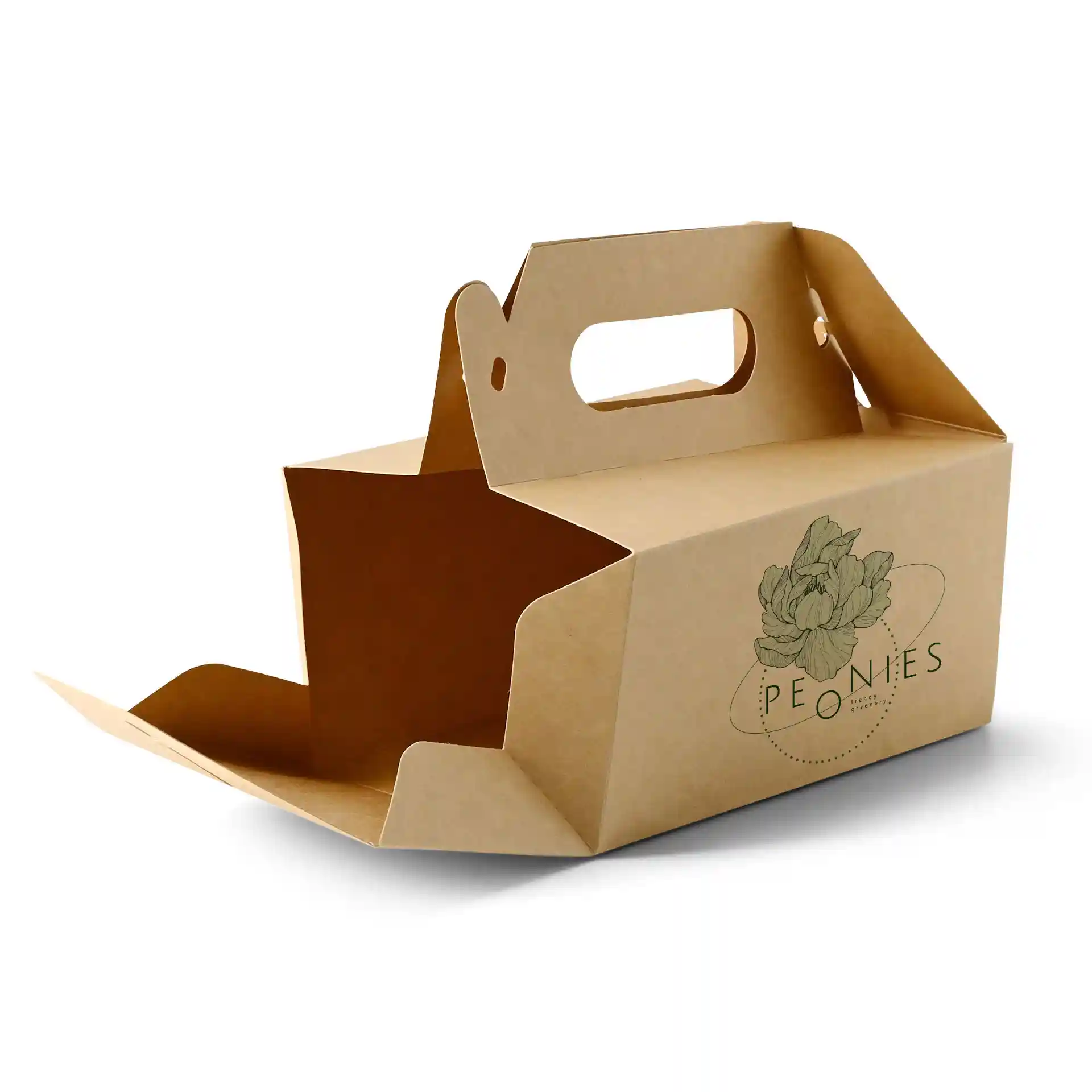 Scatola per torta personalizzata marrone con manico, dimensioni 18 x 11 x 9 cm, parzialmente aperta che mostra l'interno.
