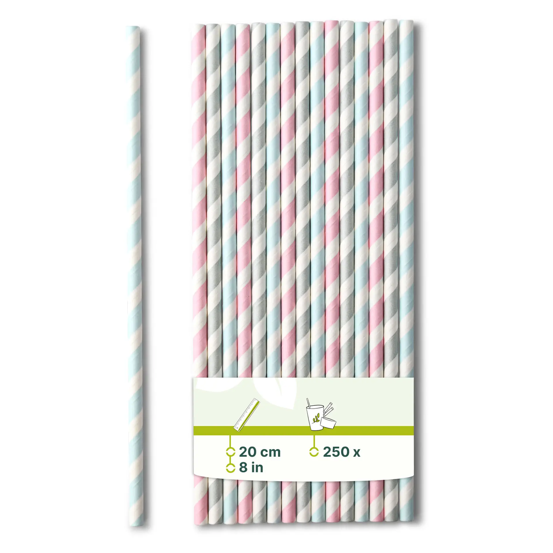 Una cannuccia di carta a righe pastello, lunga 20 cm; più cannucce simili in esposizione raggruppata con etichetta di imballaggio sotto.