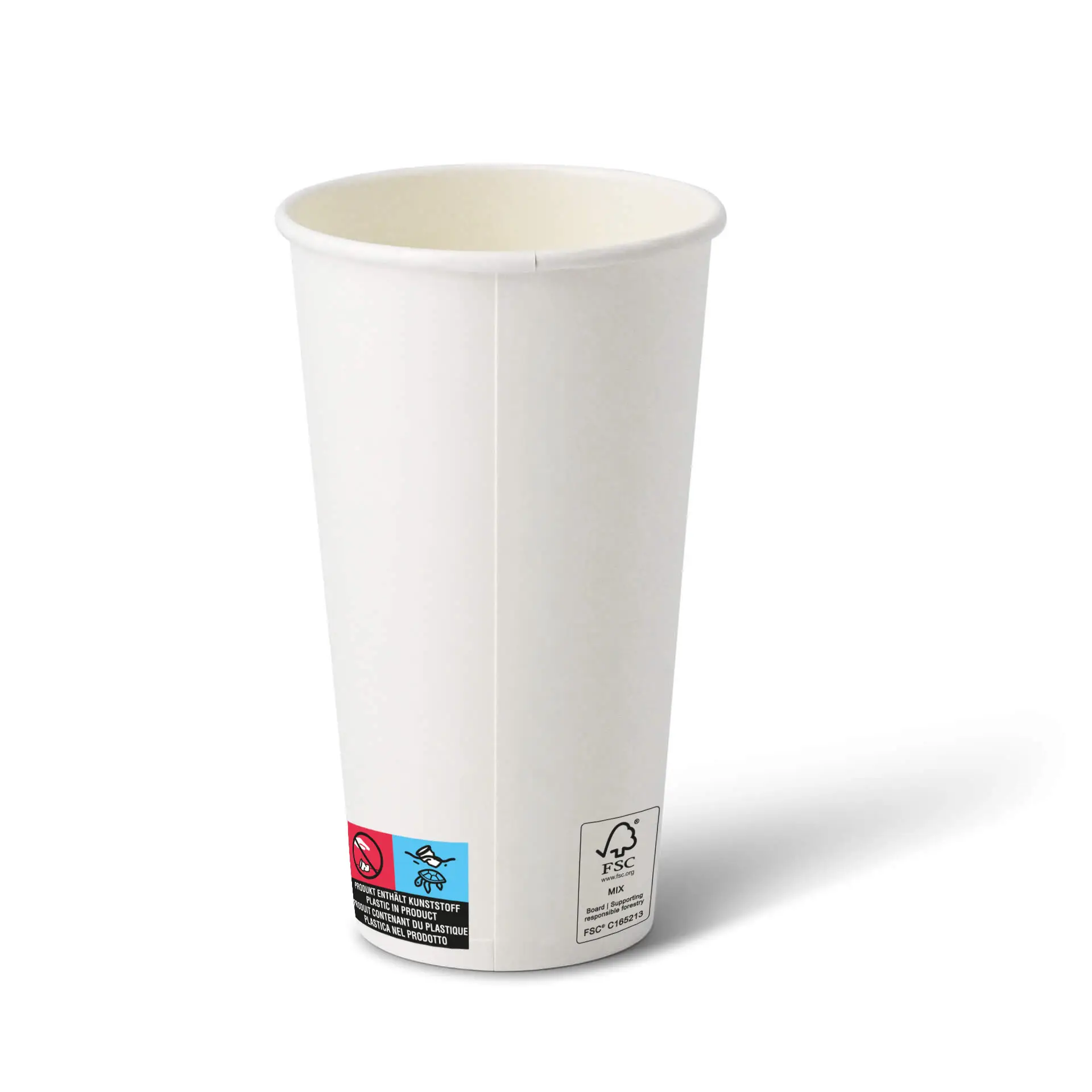 Bicchiere di carta bianco da 20 oz con forma rotonda e rivestimento, mostra un'etichetta con simboli sul lato.