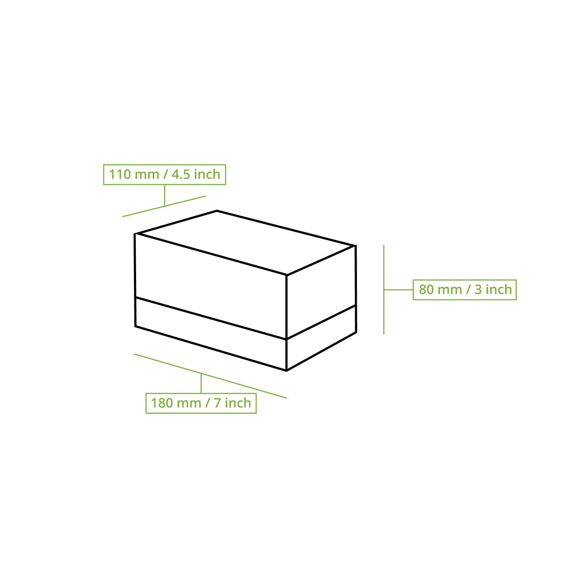 Illustrazione di una scatola per cupcake bianca a 2 pezzi con dimensioni: 180 mm (7 pollici) di lunghezza, 110 mm (4,5 pollici) di altezza, 80 mm (3 pollici) di larghezza.