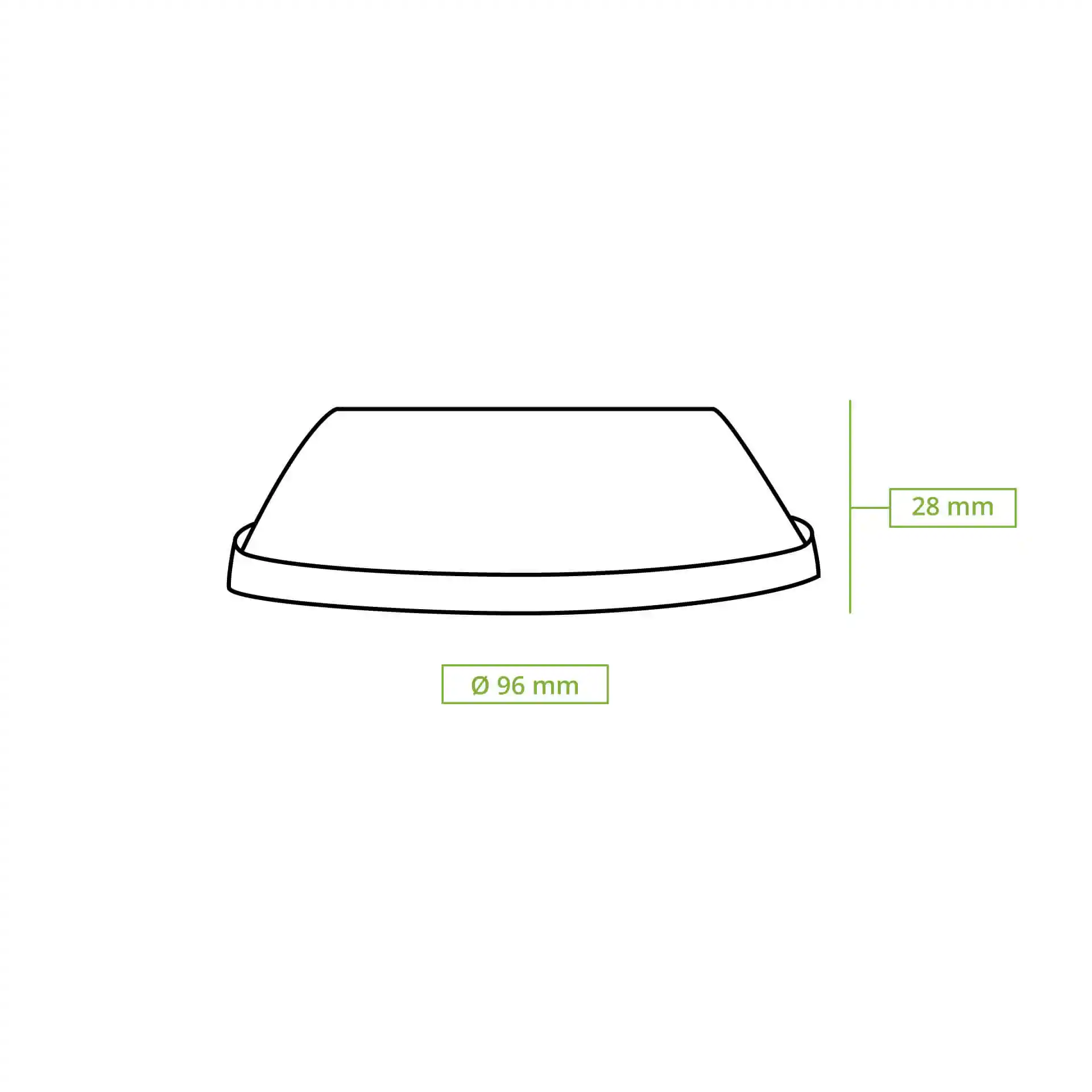 Disegno schematico di un coperchio trasparente in PLA con un diametro di 96 mm e un'altezza di 28 mm.