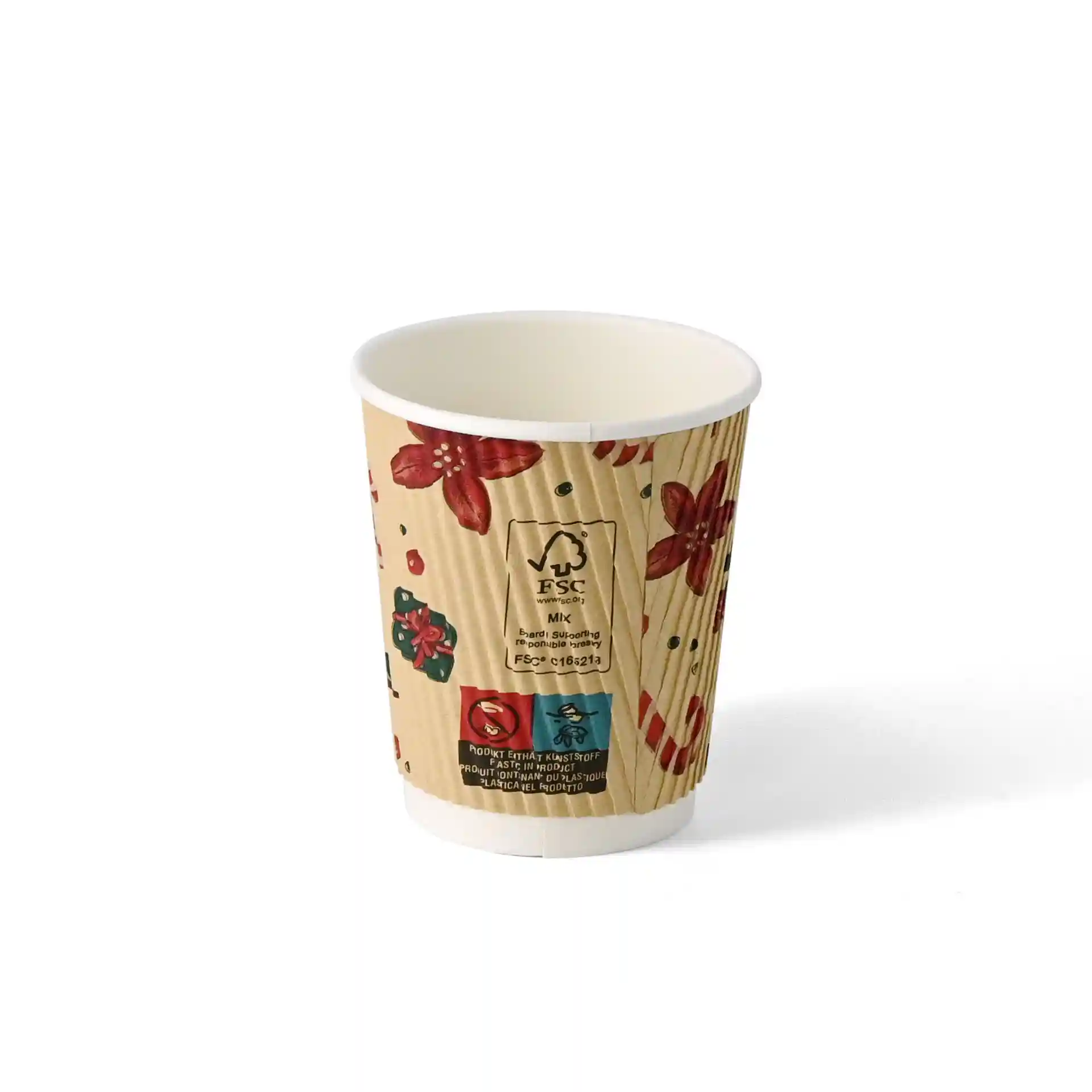 Bicchiere marrone a righe con design invernale, capacità di 200 ml, altezza di 90 mm e diametro superiore di 80 mm.