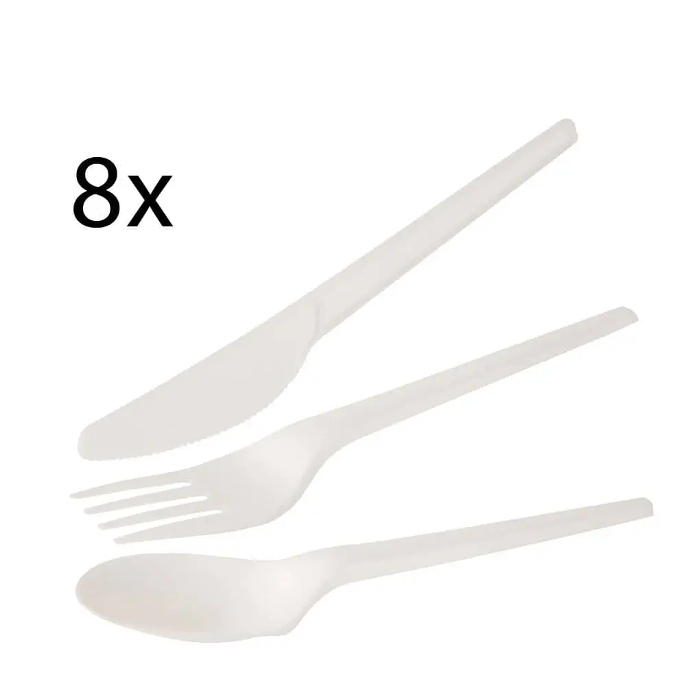 Otto posate CPLA biodegradabili: coltello, forchetta e cucchiaio, disposti su uno sfondo bianco.