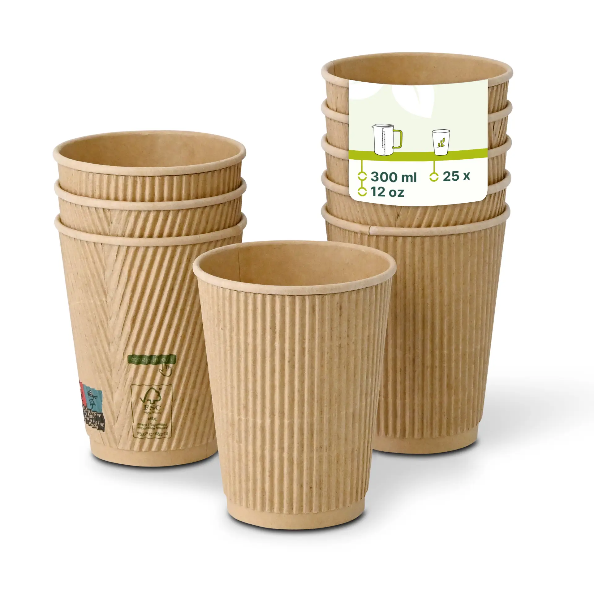Una tazza di kraft scanalata da 12 oz, con diverse tazze simili accanto; tazza con rivestimento interno in PLA e design a parete ondulata isolante.