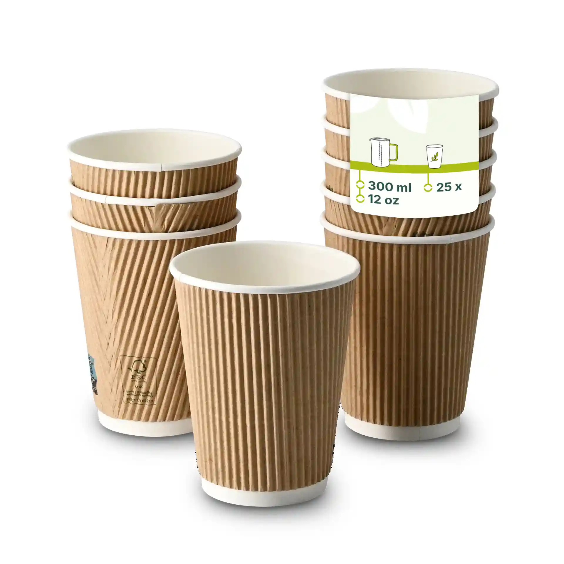 Pila di cinque tazze di caffè rigate da 12 oz con esterno marrone e interno bianco, una tazza è dritta.