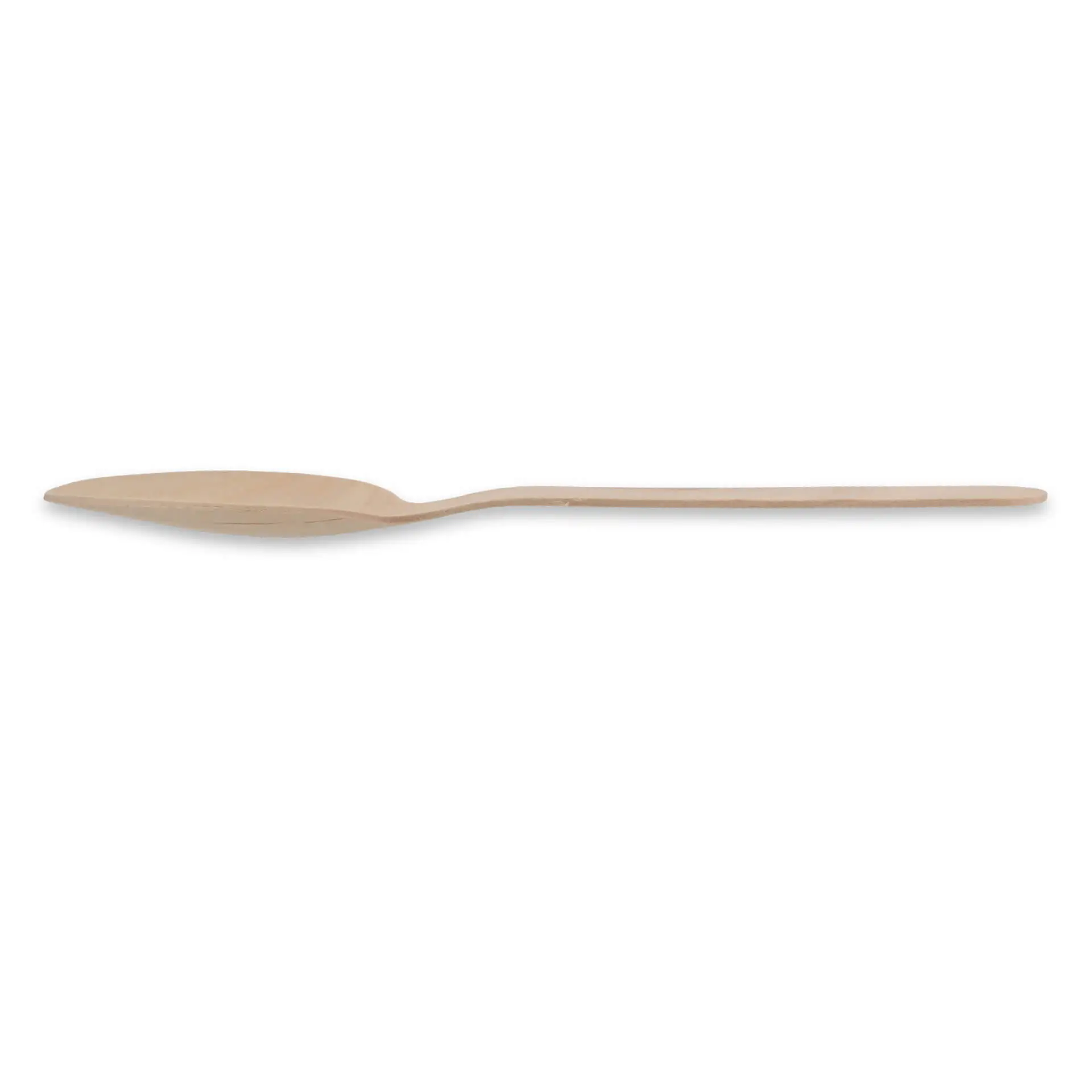 Cucchiaio di legno, lungo 18 cm, di colore marrone e finitura liscia, posato su uno sfondo semplice.