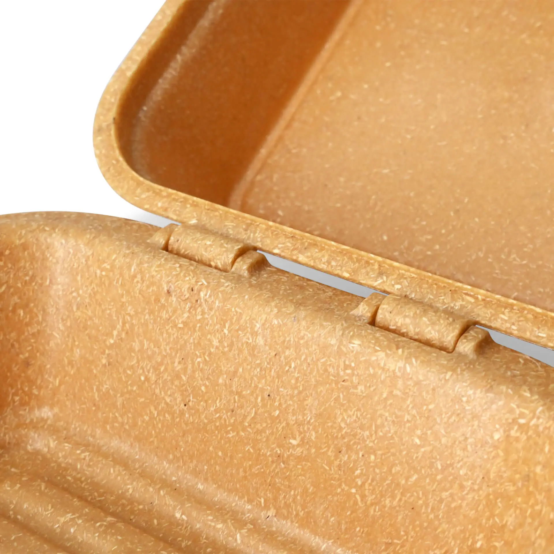 Una scatola per hamburger riutilizzabile marrone in composto organico di lignocellulosa, per cibi caldi e freddi.