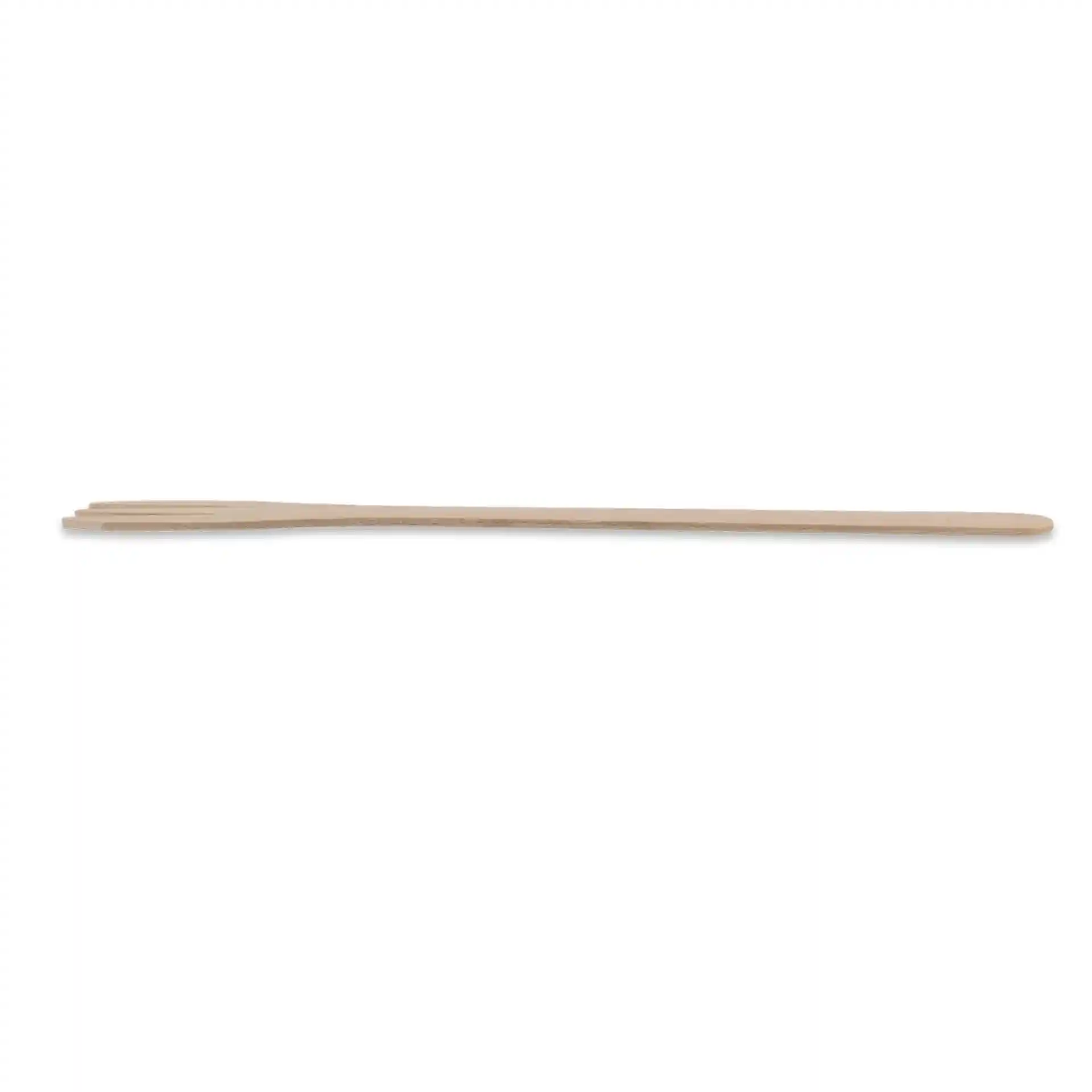 Forchetta in legno con tre punte, lunga 17,5 cm, su uno sfondo semplice.
