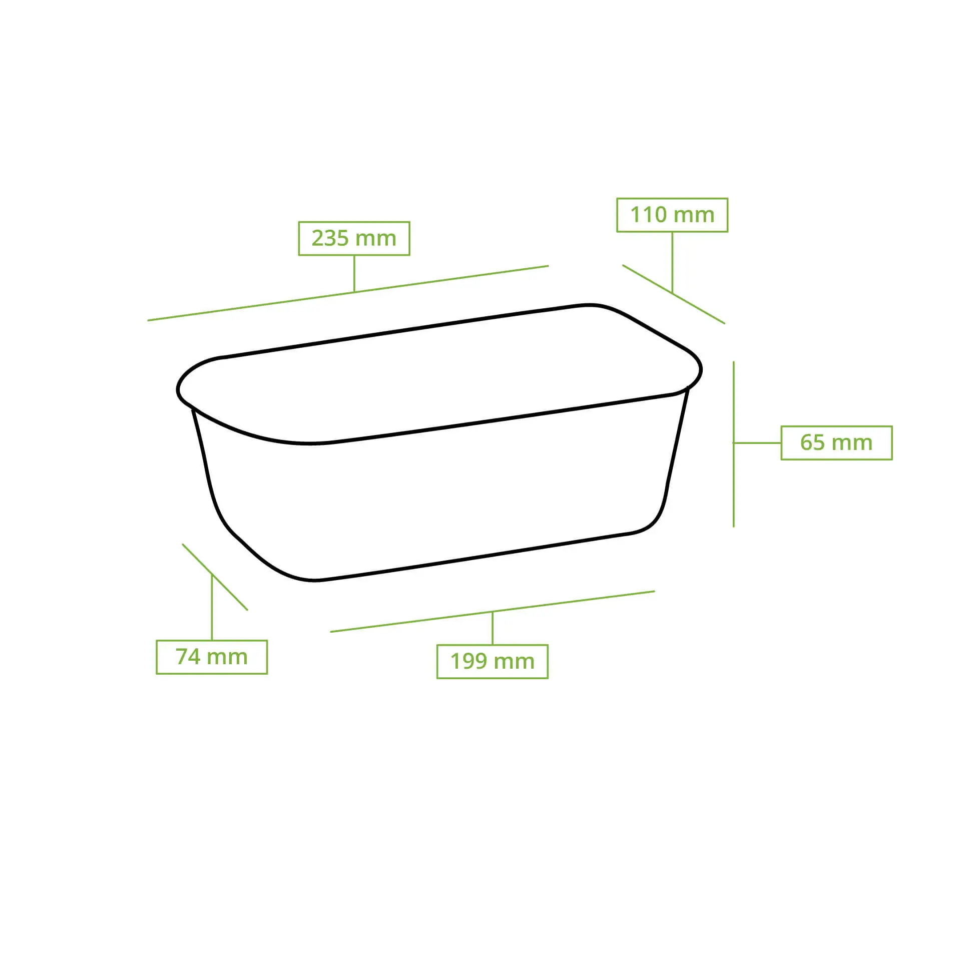 Stampo da forno rettangolare marrone in carta di cacao biodegradabile; dimensioni 235 mm x 110 mm x 65 mm.