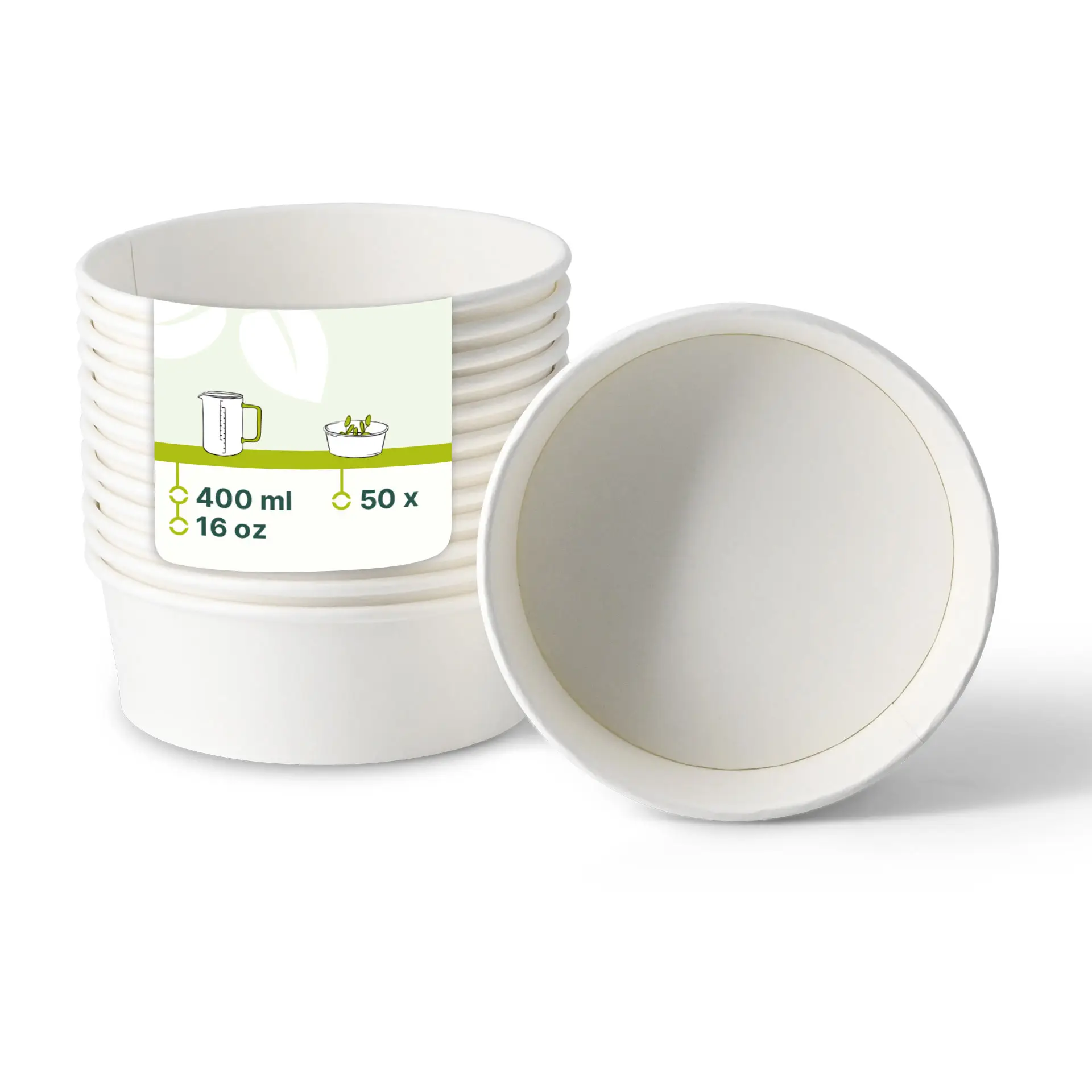 Una ciotola per insalata in carta bianca a fuoco; diverse ciotole simili impilate dietro, con un'etichetta raffigurante capacità e dettagli di confezionamento.