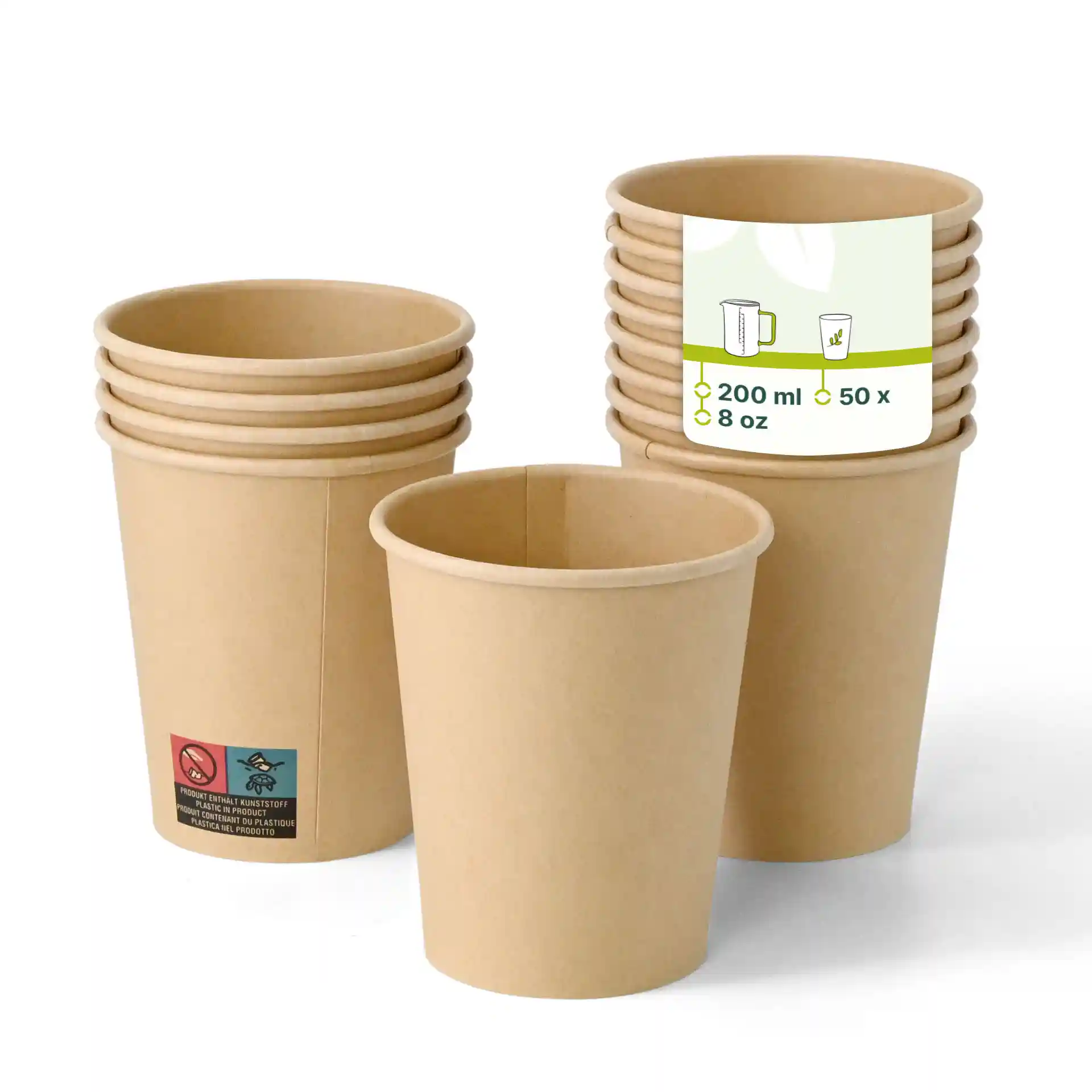Bicchieri di carta marroni a parete singola impilati, con un bicchiere davanti che mostra un design semplice e un'etichetta con dettagli sul volume.