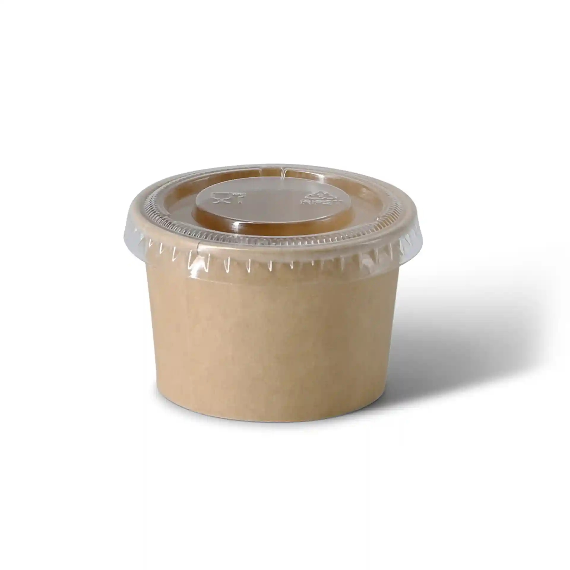 Cup in carta marrone con coperchio in plastica trasparente, alto 40 mm e diametro 62 mm.