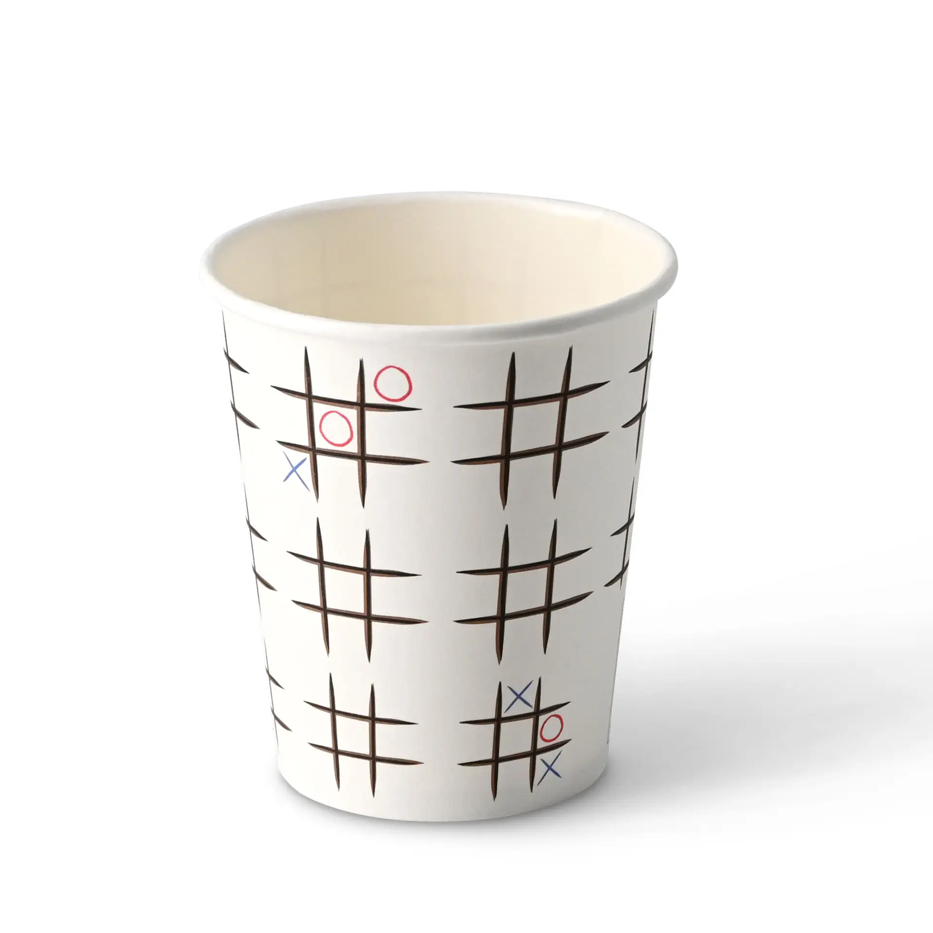 Pappbecher bedruckt "Tic Tac Toe" 200 ml / 8 oz, Ø 80 mm, weiß