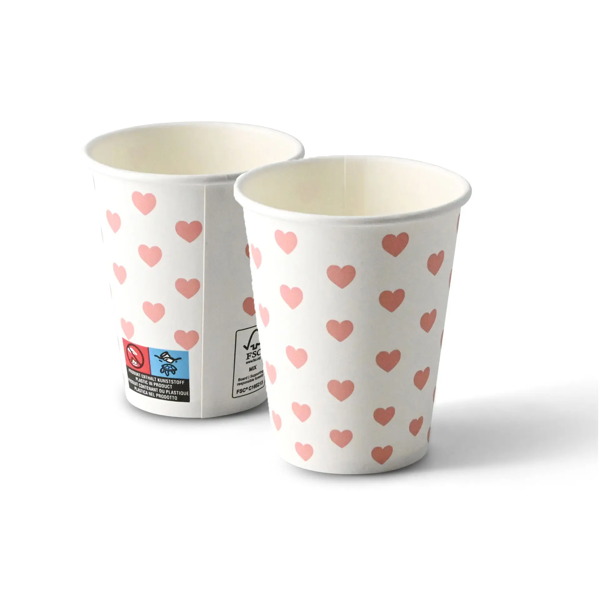 Due bicchieri di carta da 8 oz con sfondo bianco e motivi a cuori rosa, mostrando l'interno e l'esterno.