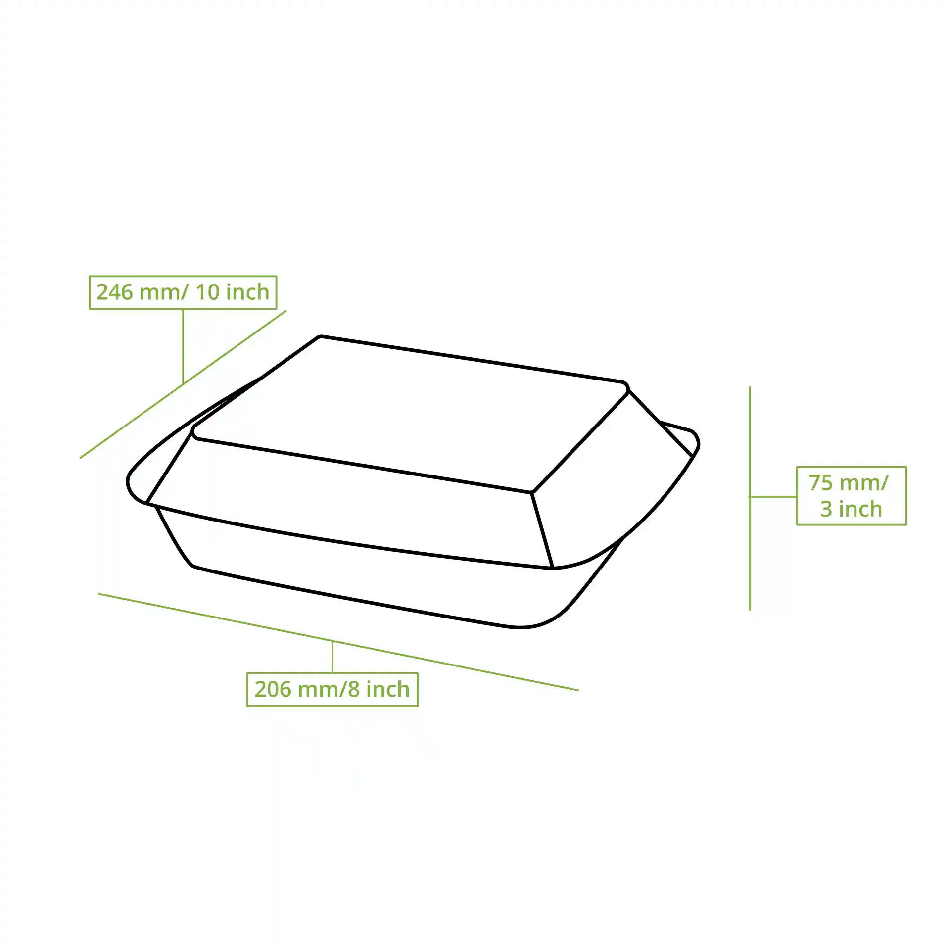 Disegno schematico di un contenitore rettangolare con coperchio a cerniera, dimensioni 247 mm x 200 mm x 70 mm.