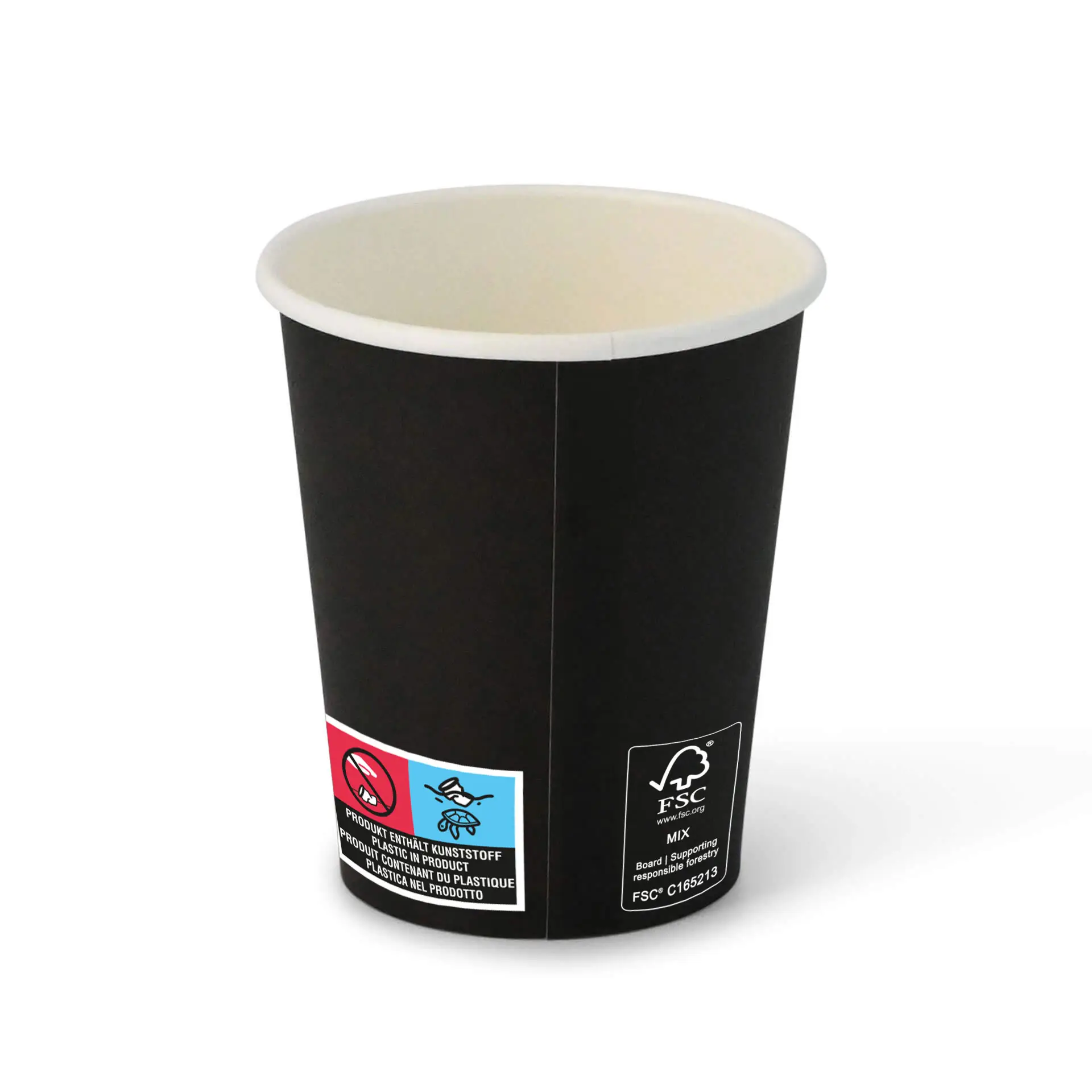 Bicchiere di carta nero da 8 oz con forma rotonda, interno bianco e etichette visibili sul lato.