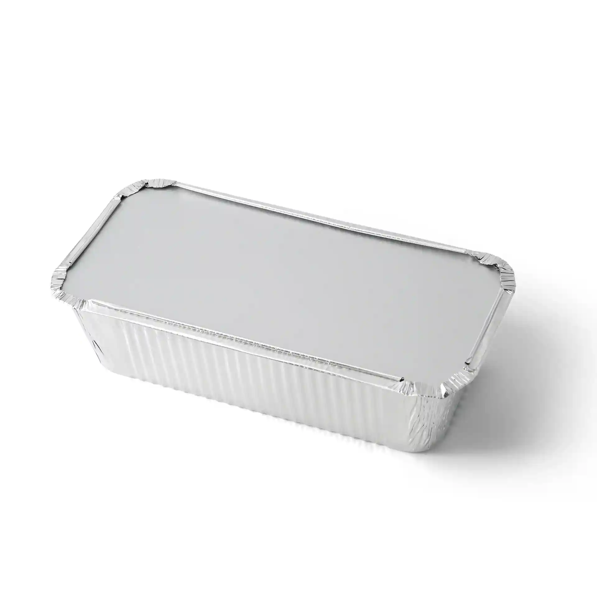 Contenitore in alluminio rettangolare con coperchio in cartone, misura 212 mm di lunghezza e 108 mm di larghezza.