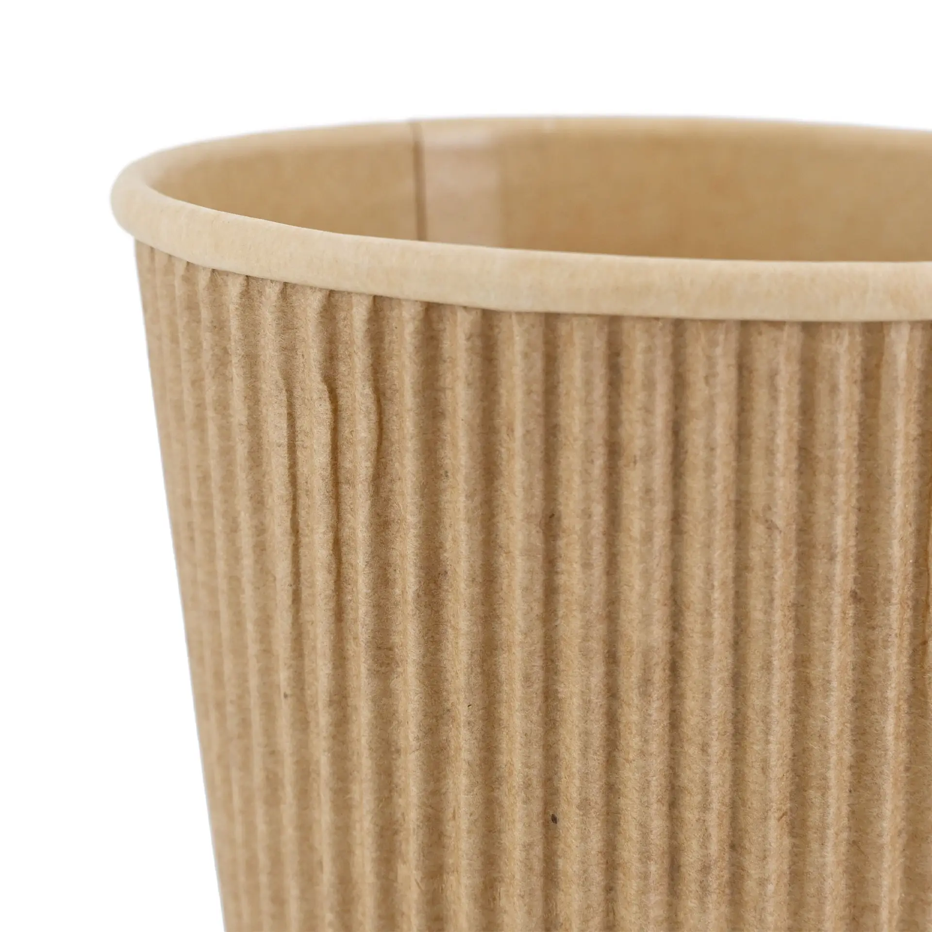 Tazza usa e getta marrone a coste con design a triplo strato, adatta per bevande calde e rivestimento in PLA biodegradabile.