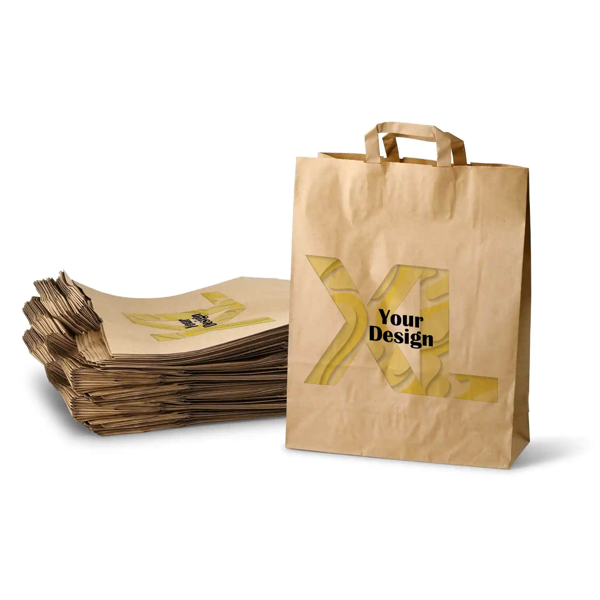 Borsa di carta marrone a forma rettangolare, con un design e sacchetti impilati sullo sfondo.