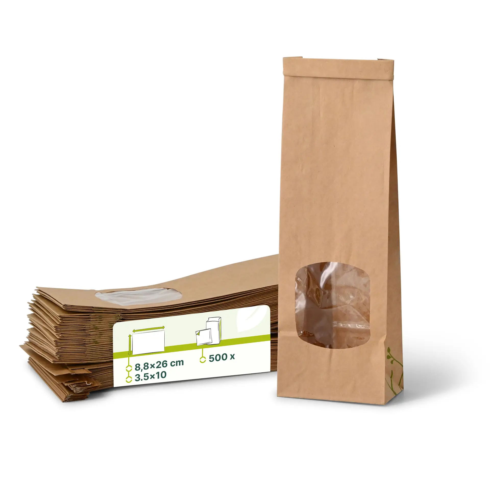 Blockbeutel m. Fenster S, 8,8 x 4,7 x 26 cm, PLA-Folie, braun, Clipband, Kraftpapier