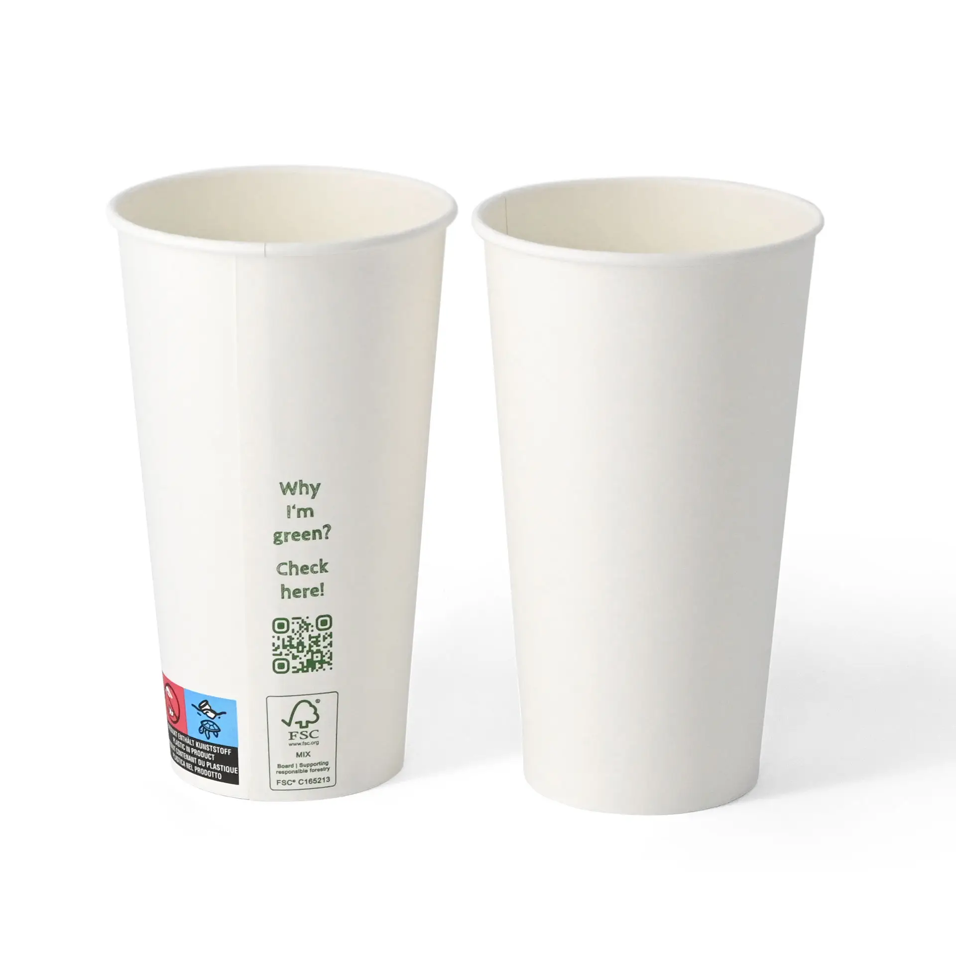 Bicchiere di carta bianco a parete singola, 500 ml, rivestito in PLA, con informazioni ecologiche e QR code sul lato.