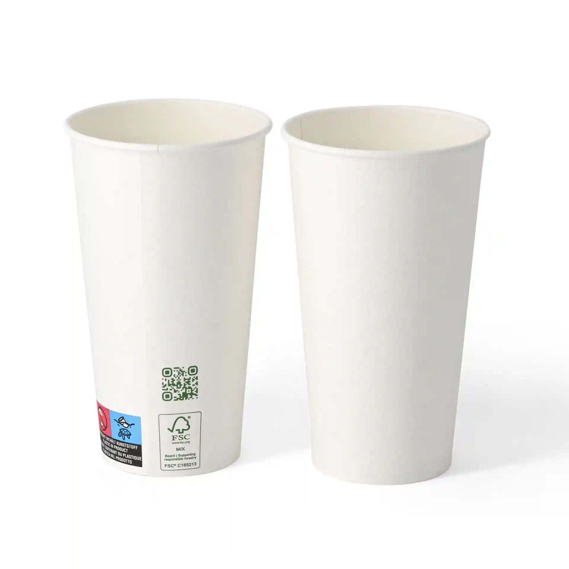 Due bicchieri di carta bianchi con parete singola, capacità di 500 ml e diametro di 90 mm, con etichette sul lato.