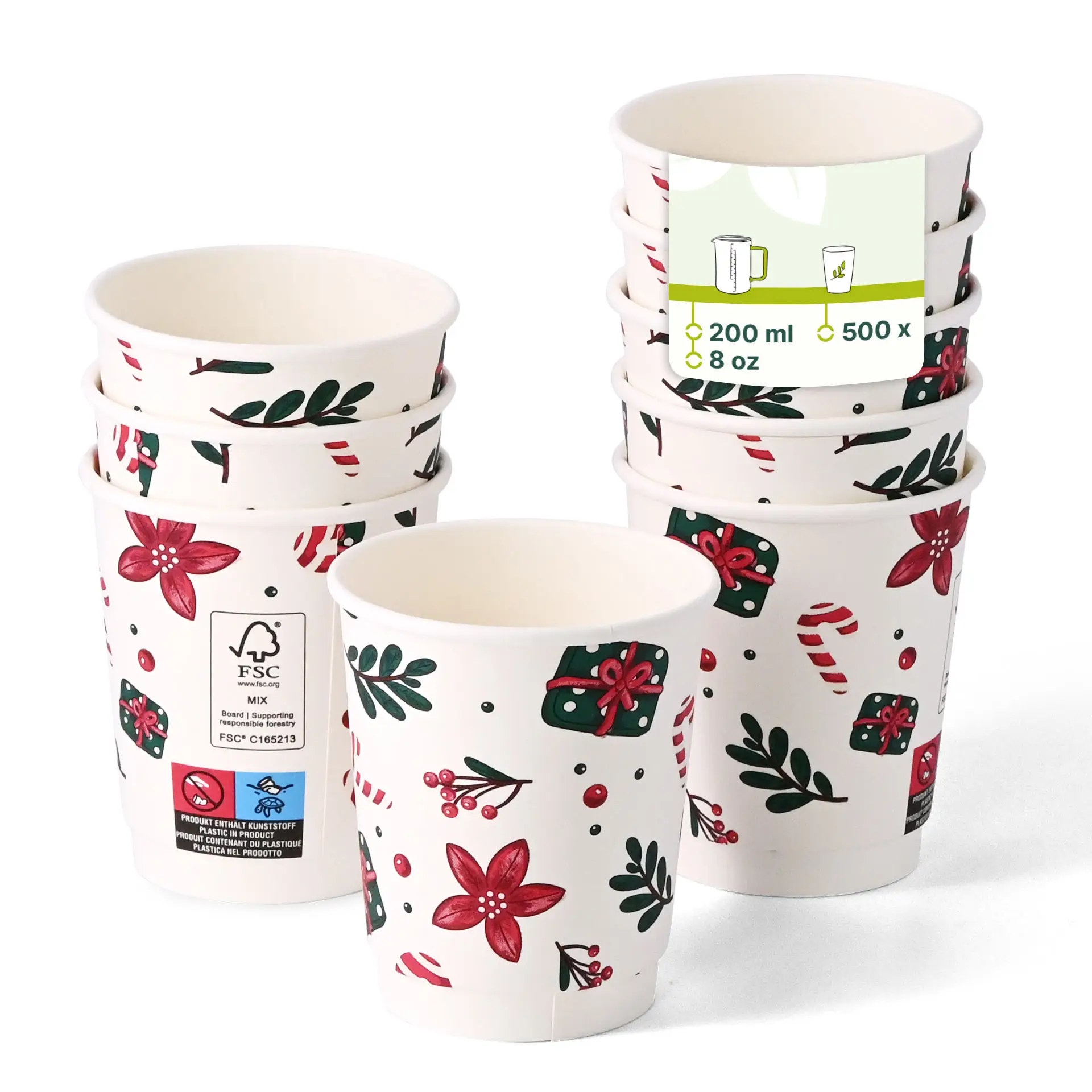 Tazza da caffè a doppia parete con design invernale, capacità di 200 ml, bianca, con motivi floreali e regali.