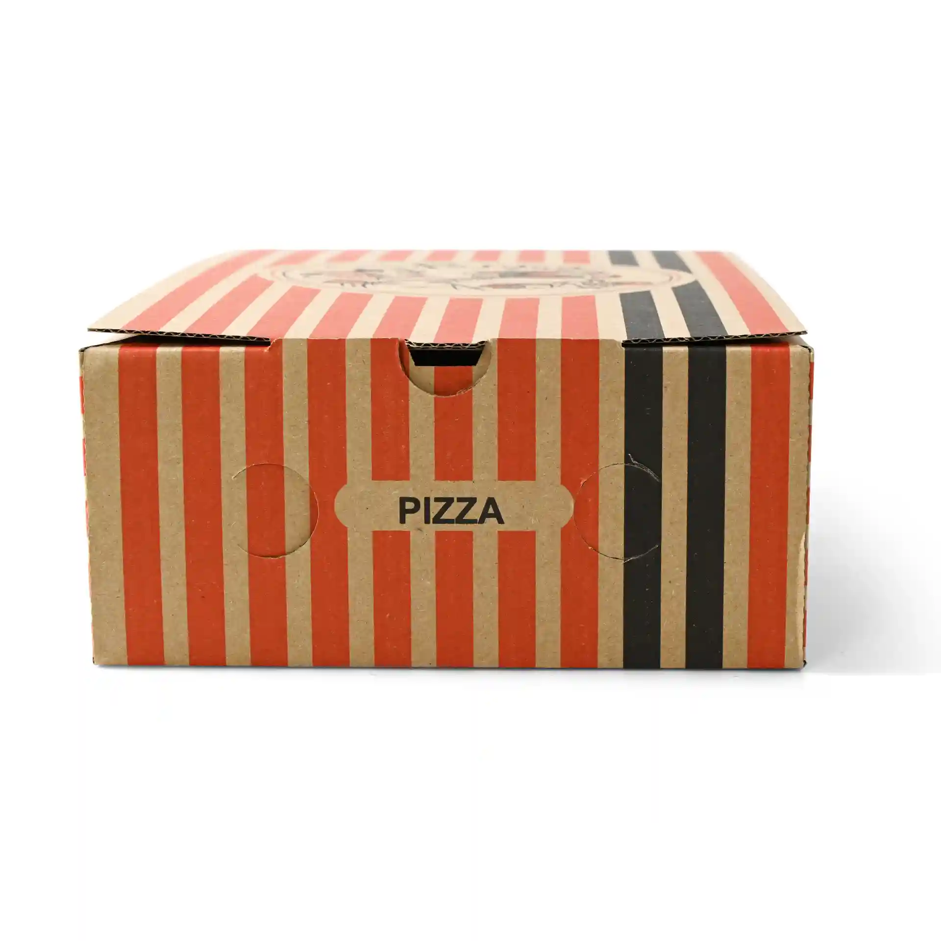 Scatola per pizza marrone con strisce rosse e nere, con un design circolare di chef pizzaiolo e un'etichetta "PIZZA".