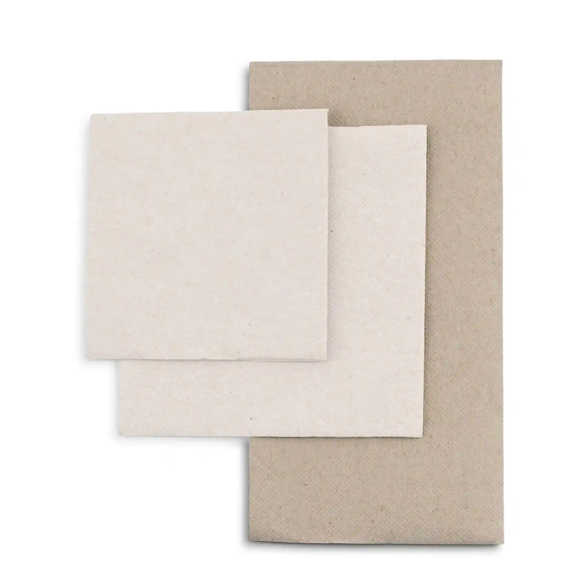 Tre tovaglioli in carta riciclata non sbiancata di varie dimensioni, ciascuno con un simbolo 100% riciclato.