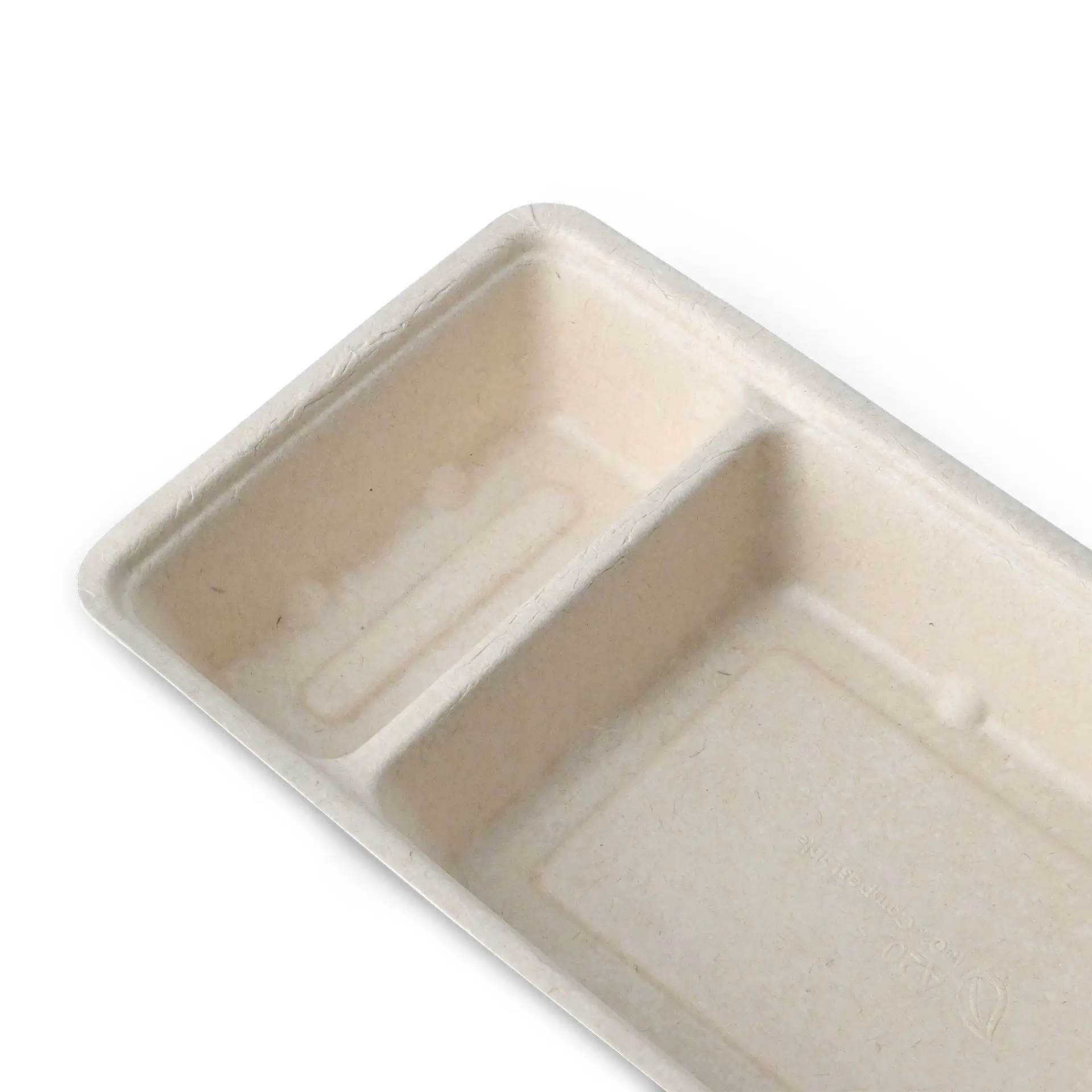 Vassoio per chips in canna da zucchero realizzato in bagasse, con due scomparti per snack e salse, biodegradabile ed ecologico.