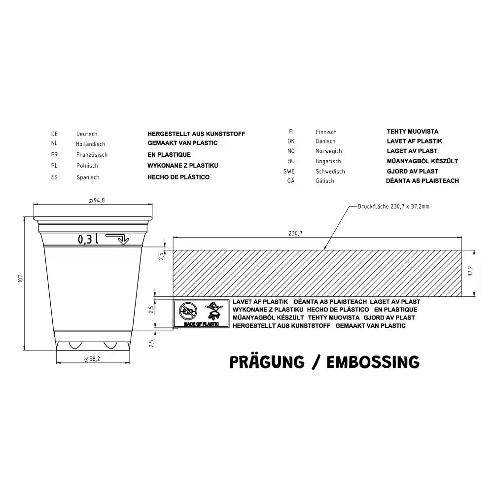 Disegno schematico di un bicchiere di plastica da 12 oz con dimensioni ed etichette multilingue, che mostra un design trasparente.