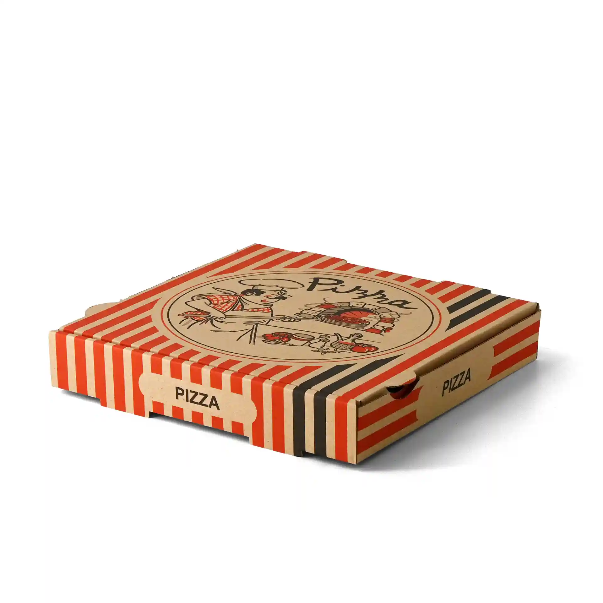 Scatola per pizza marrone con design di chef pizzaiolo, misura 28 x 28 x 4 cm, con strisce rosse e nere.