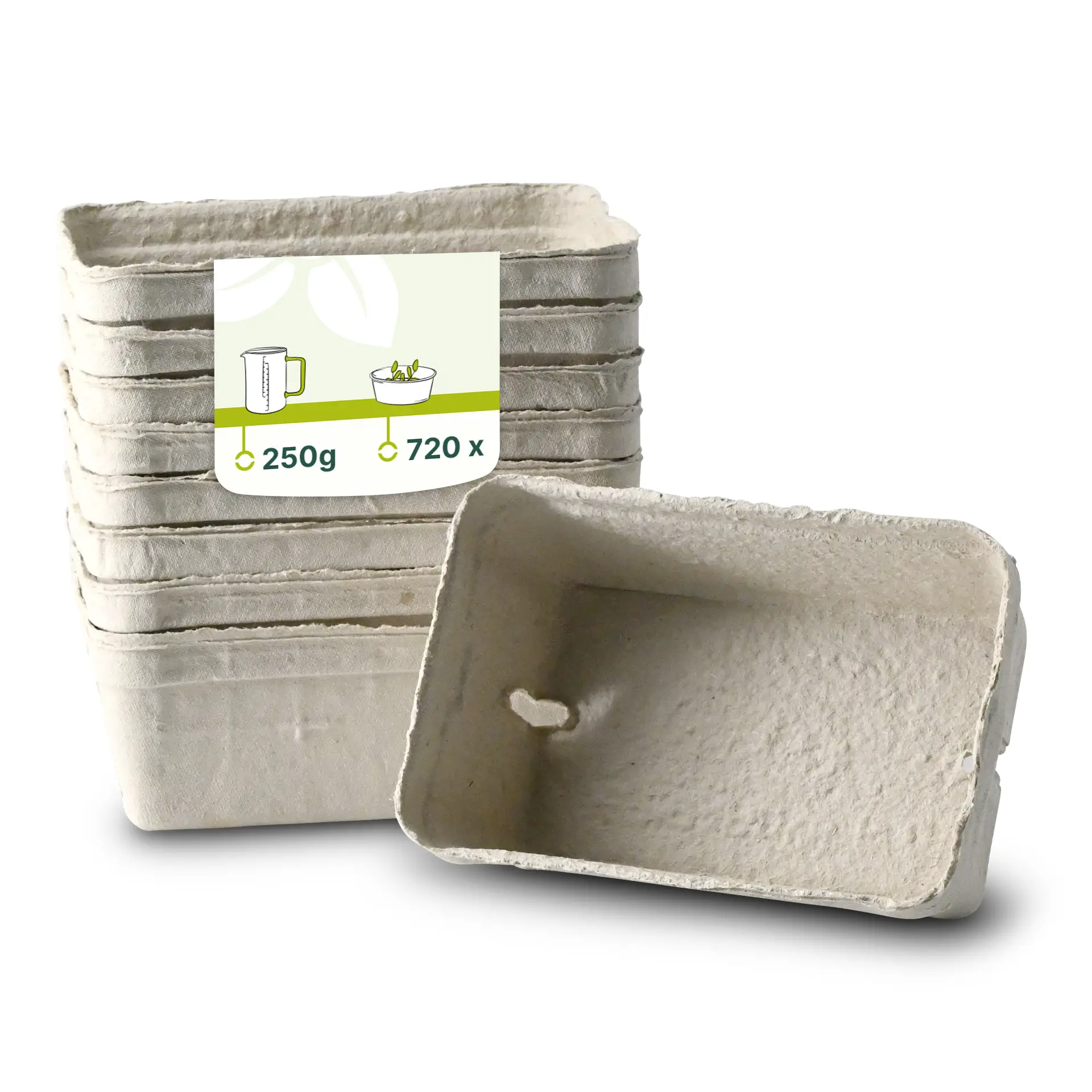 Vassoio bianco per bacche in cartone di legno, adatto per frutta fresca; un vassoio mostrato con vassoi impilati dietro.