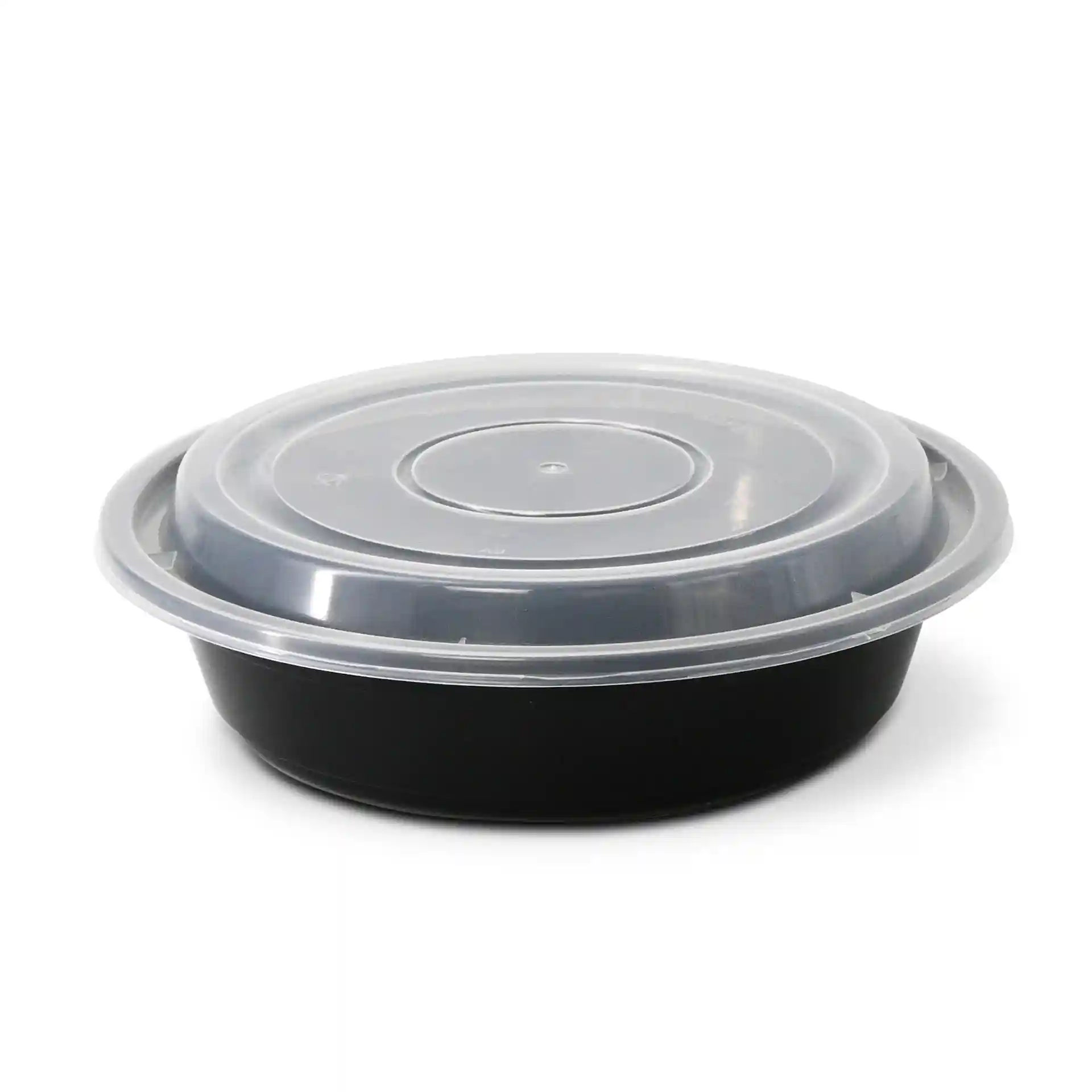 Piatto riutilizzabile nero rotondo con coperchio trasparente, capacità di 700 ml, diametro di 182 mm.