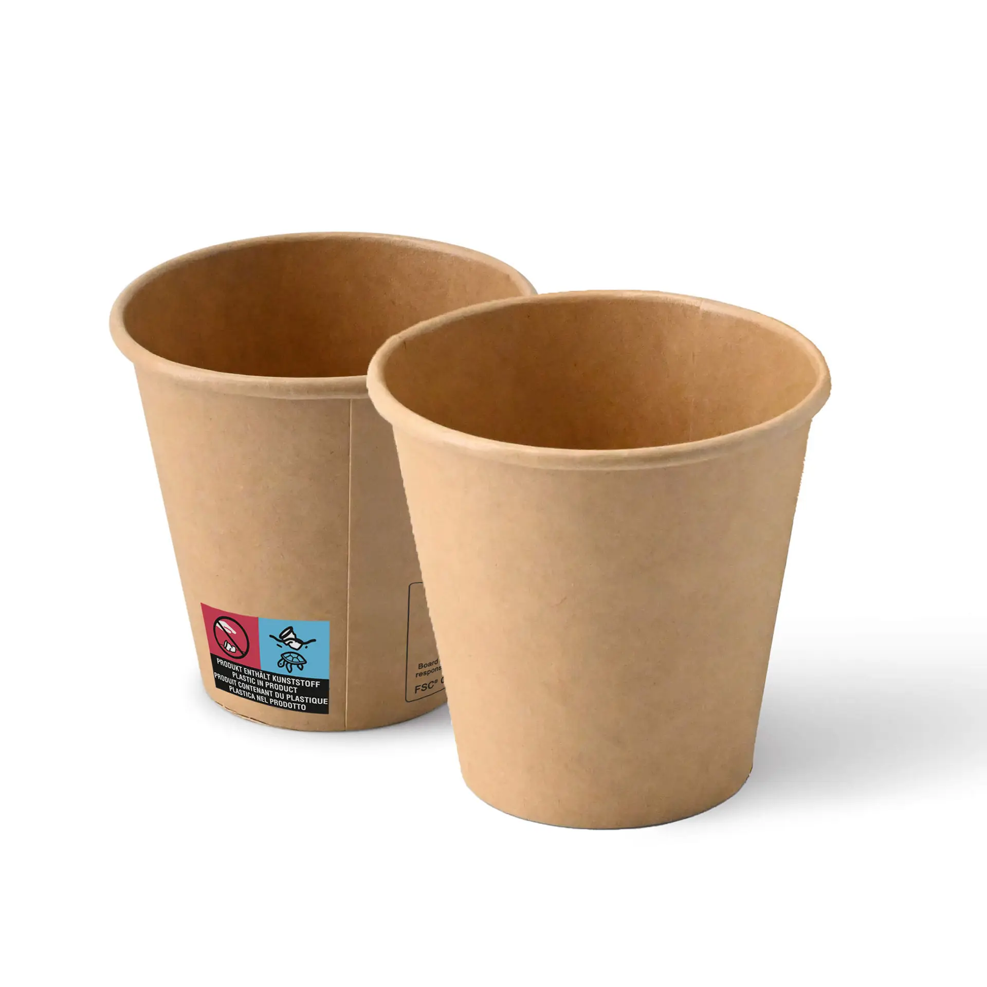 Coppette di carta marroni da 6 oz con forma rotonda, che mostrano due coppette e un'etichetta con simboli su un lato.