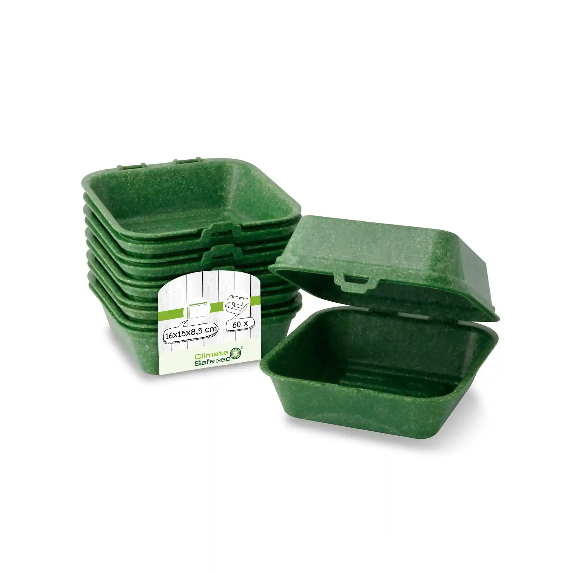 Pila di scatole per hamburger verdi riutilizzabili con un'etichetta che mostra dimensioni di 16 x 15 x 8,5 cm e quantità di 60.
