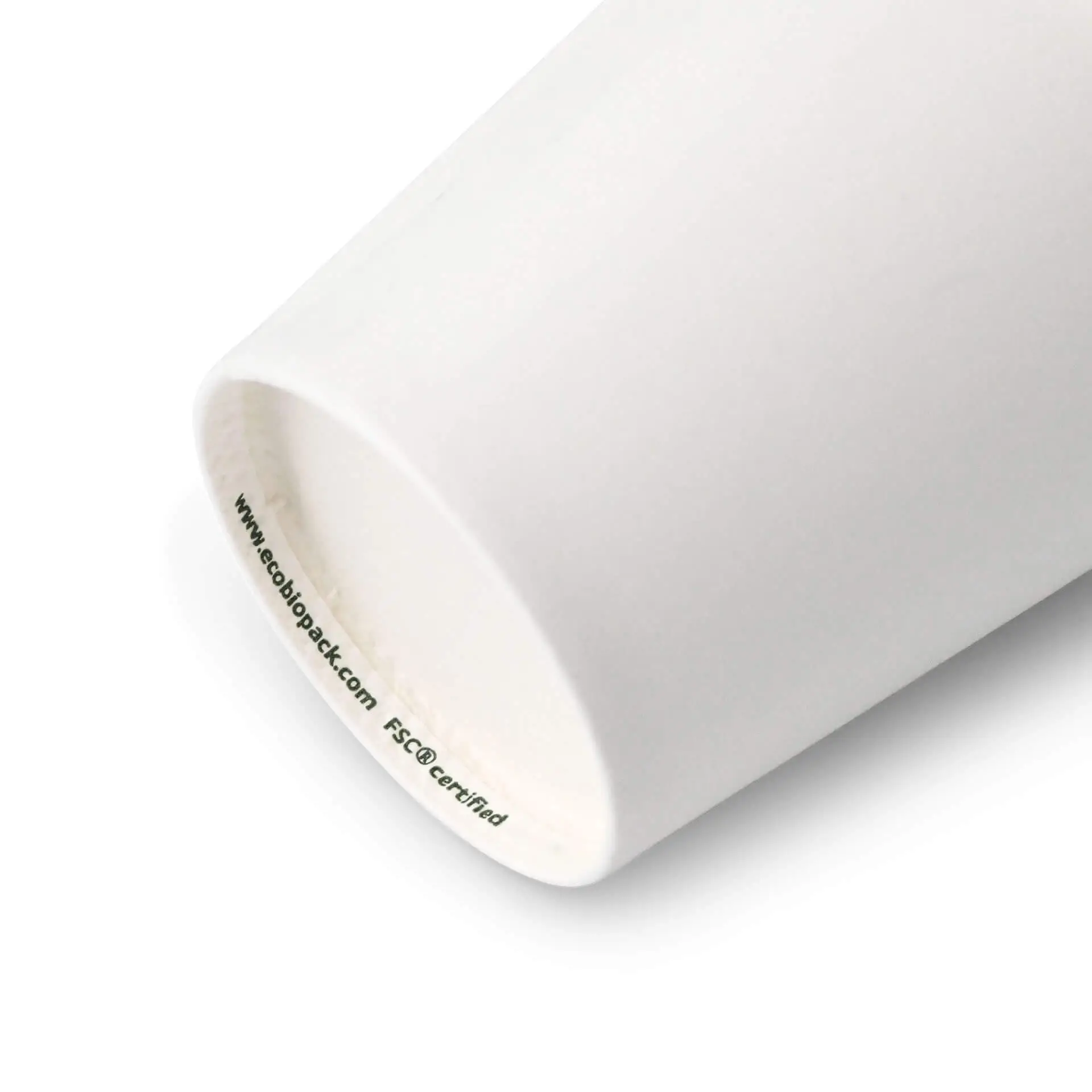 Bicchiere di carta bianco con rivestimento PE, mostra il bordo interno e un sito web stampato in fondo.